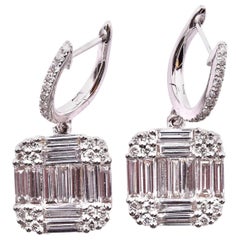 18 Karat White Gold Diamond Baguette and Round Huggie Cluster Earrings