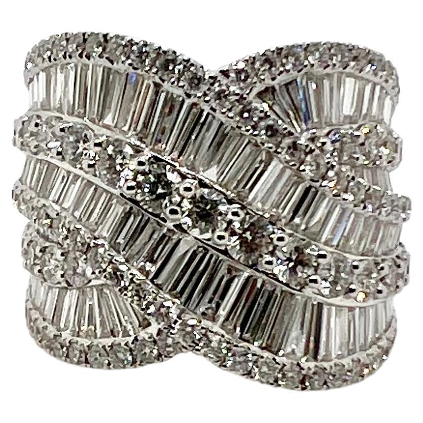 18k White Gold Diamond Baguette Band Crossover with Round Diamonds For Sale