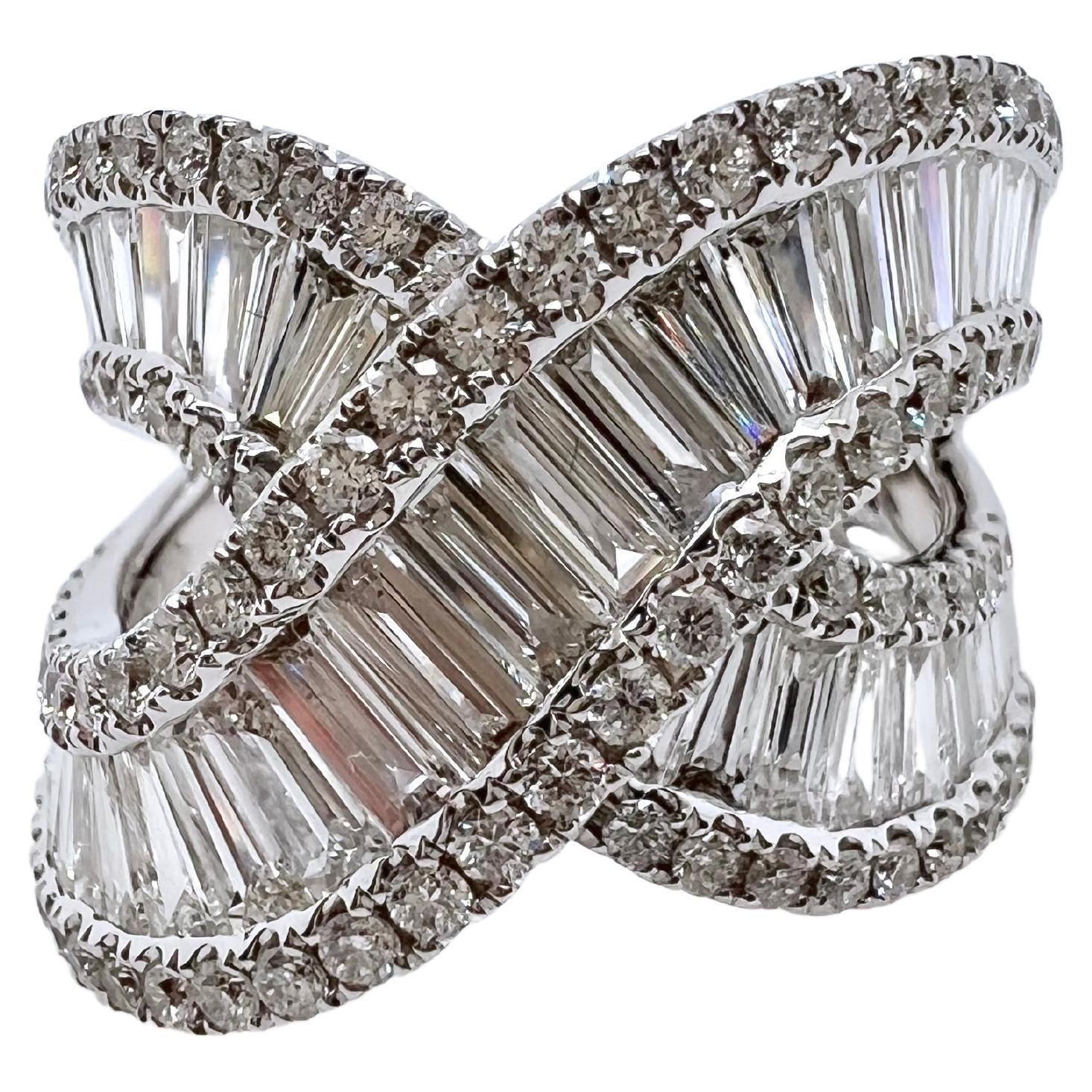 18k White Gold Diamond Baguette Crossover Band Ring For Sale
