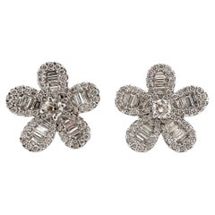 18k White Gold Diamond Baguette Floral Stud Earrings