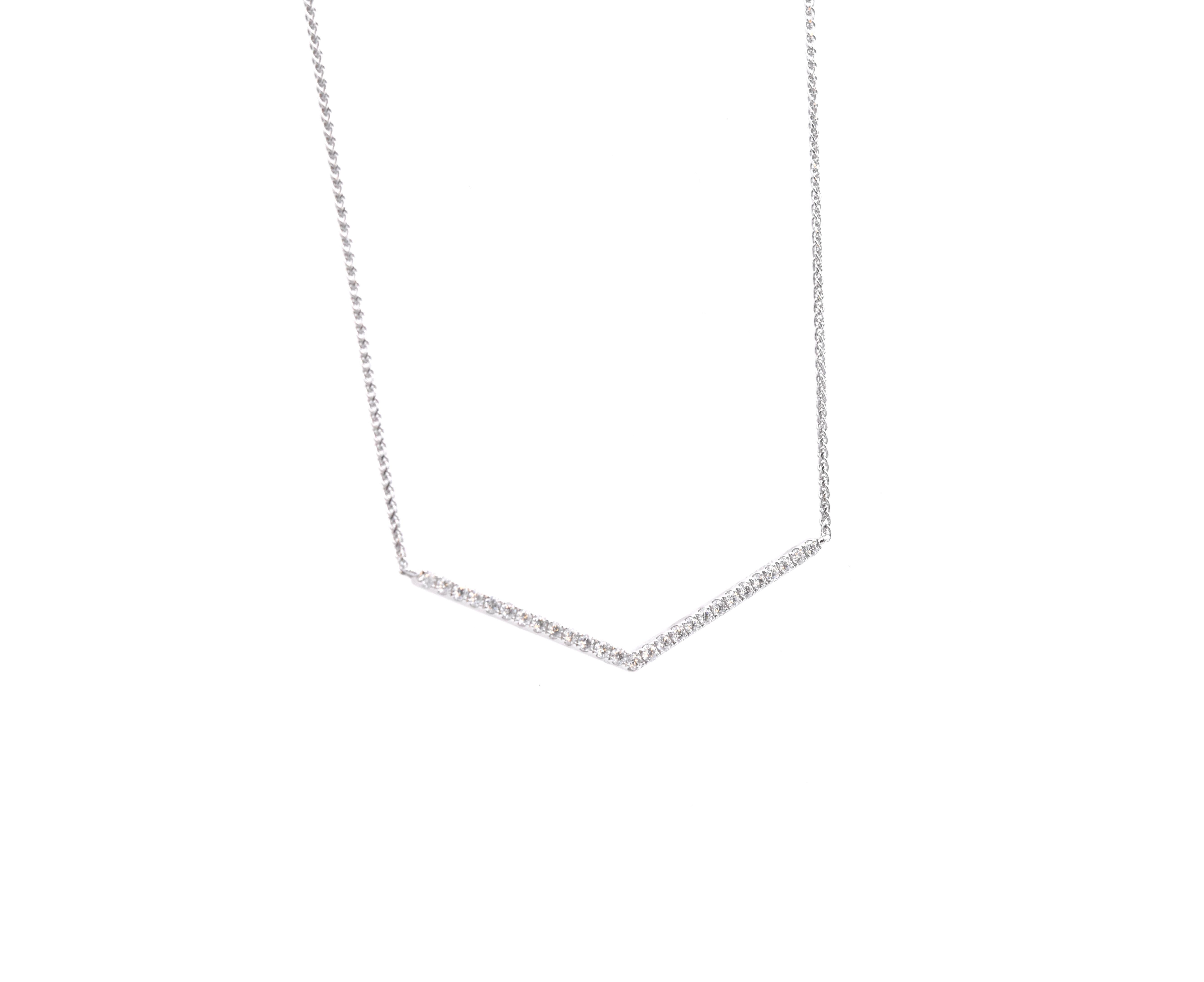 Material: 18k white gold
Diamonds: 27 round brilliant cuts = 0.52cttw
Color: G
Clarity: VS
Dimensions: necklace measures 16-inches in length
Weight: 5.05 grams
