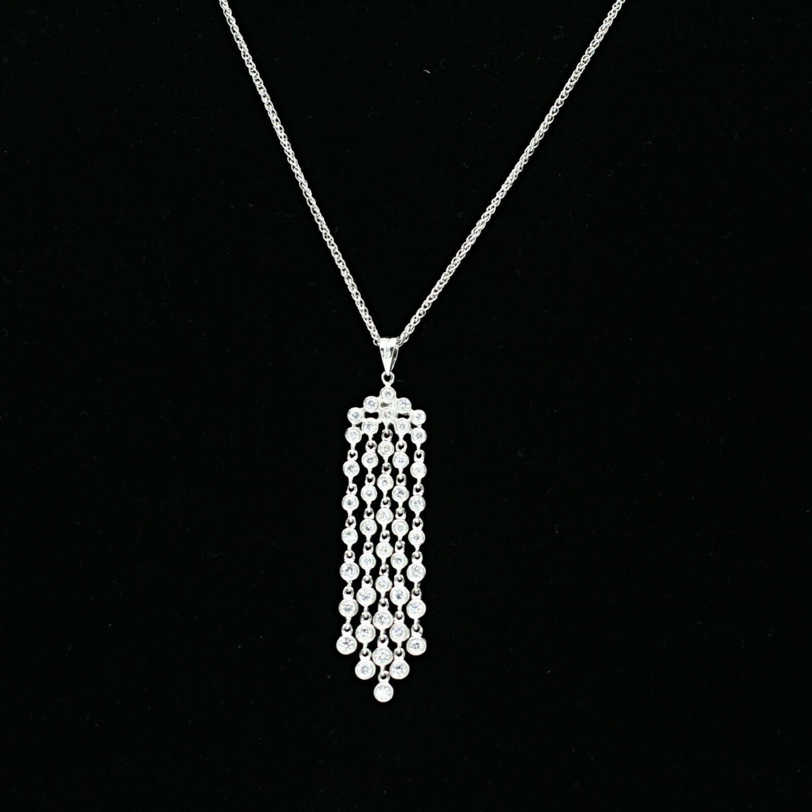 Modern 18k White Gold Diamond Bezel Set Dangle Necklace For Sale