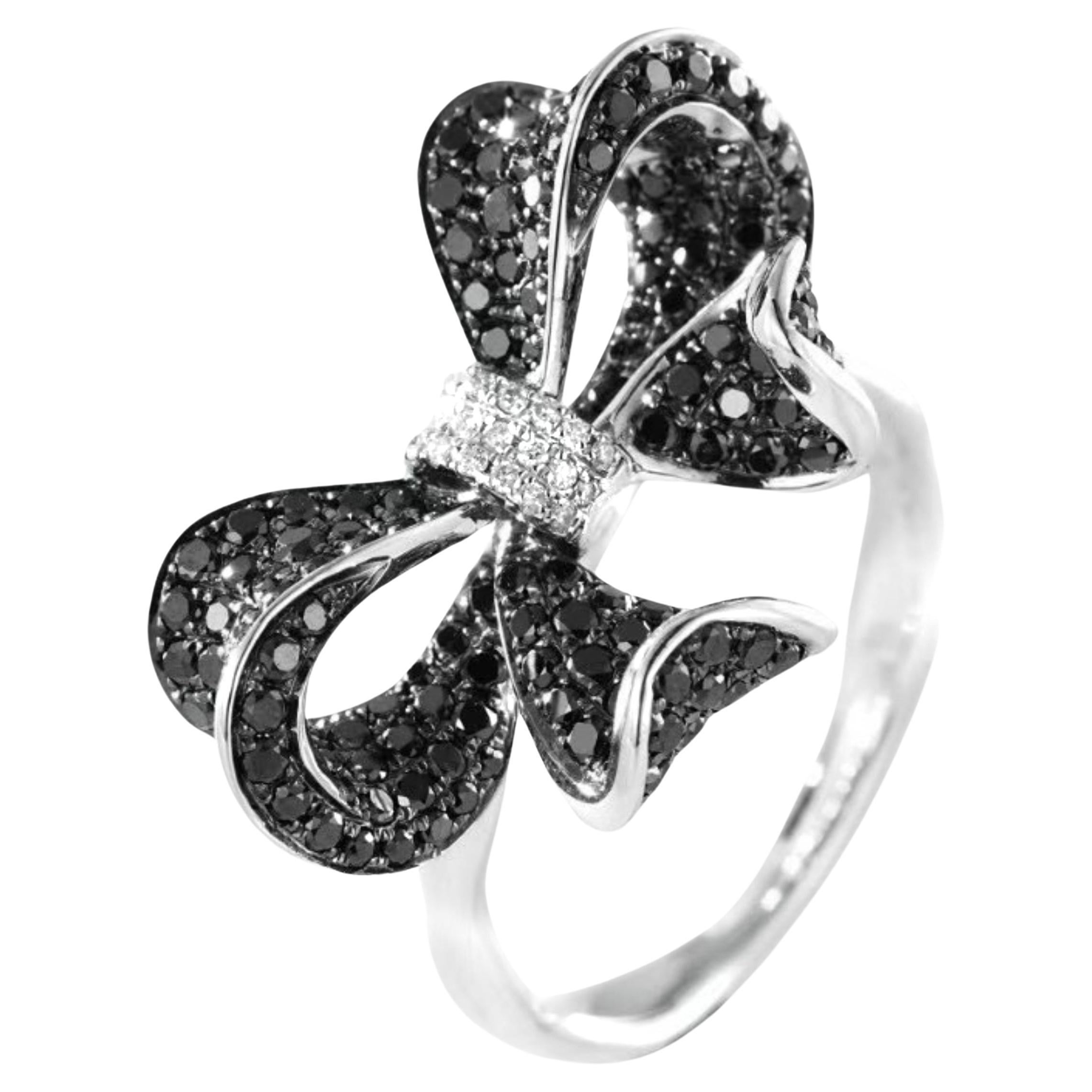18K White Gold Diamond & Black Diamond Bow-Shaped Ring