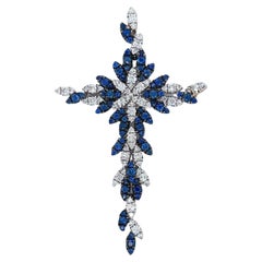 18K White Gold Diamond Blue Sapphire Cross Pendant