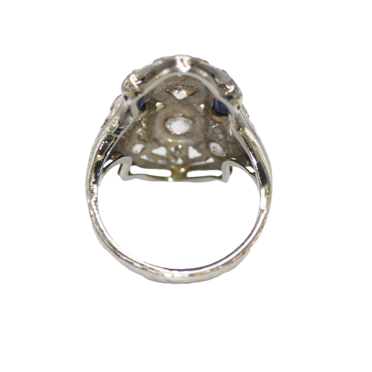 Old Mine Cut 18K White Gold Diamond & Blue Spinel Art Deco Ring 3.4g For Sale