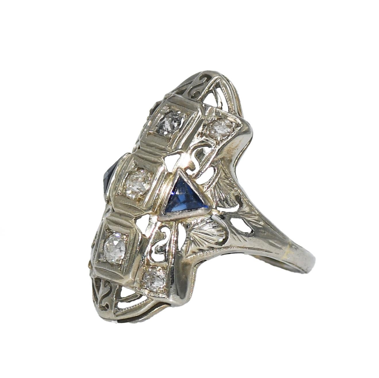 Women's or Men's 18K White Gold Diamond & Blue Spinel Art Deco Ring 3.4g For Sale