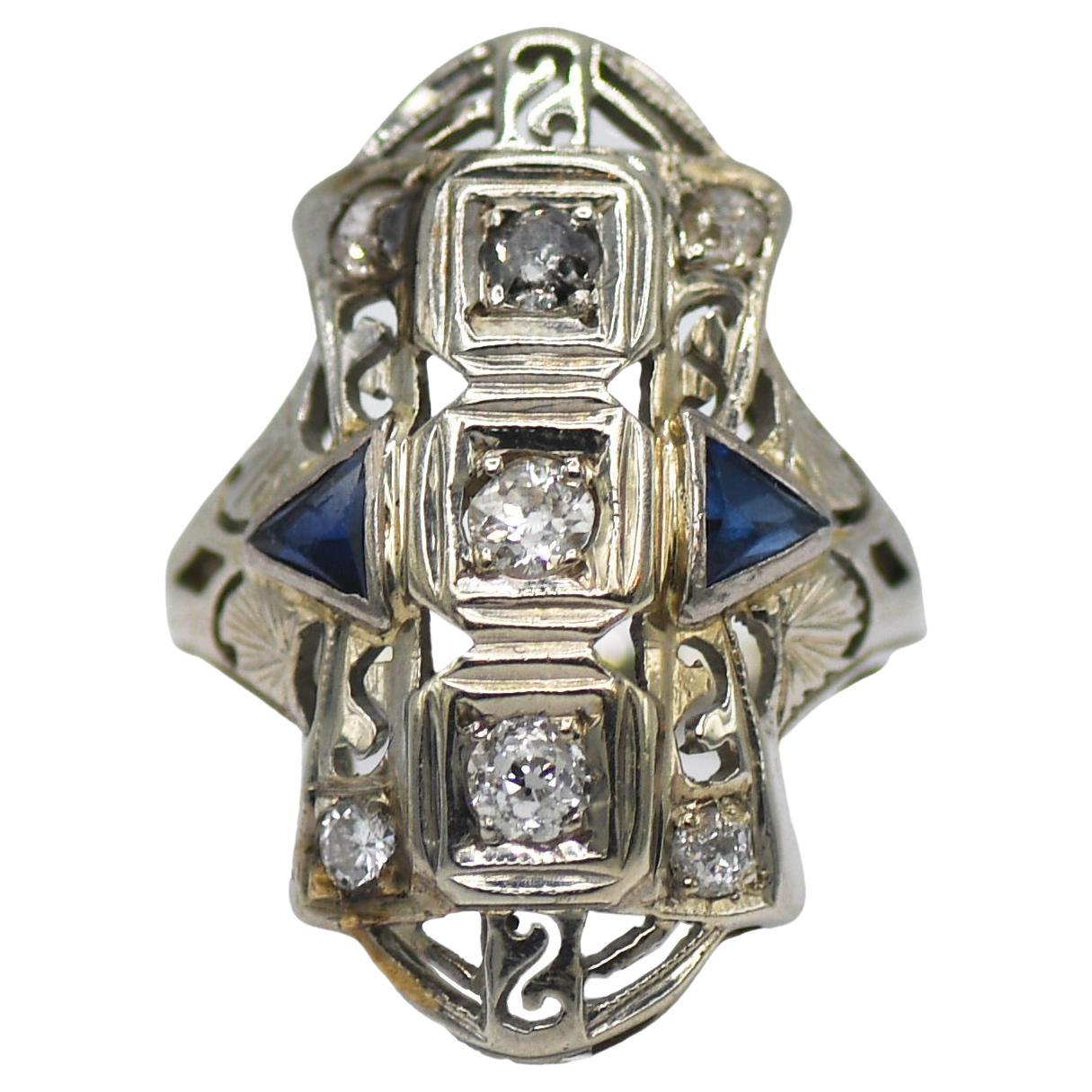 18K White Gold Diamond & Blue Spinel Art Deco Ring 3.4g For Sale