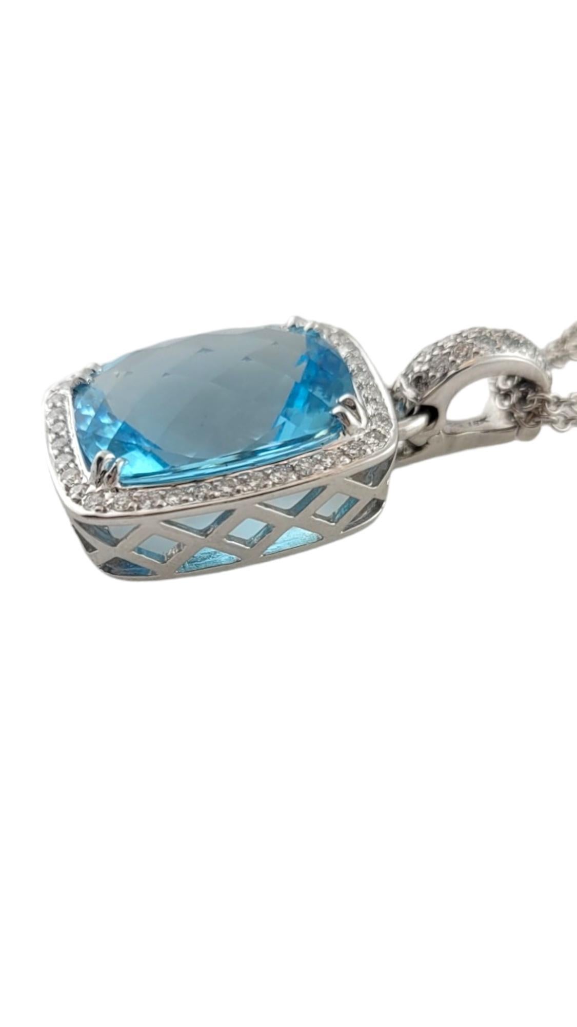 Cushion Cut 18K White Gold Diamond & Blue Topaz Halo Pendant Necklace #16247 For Sale