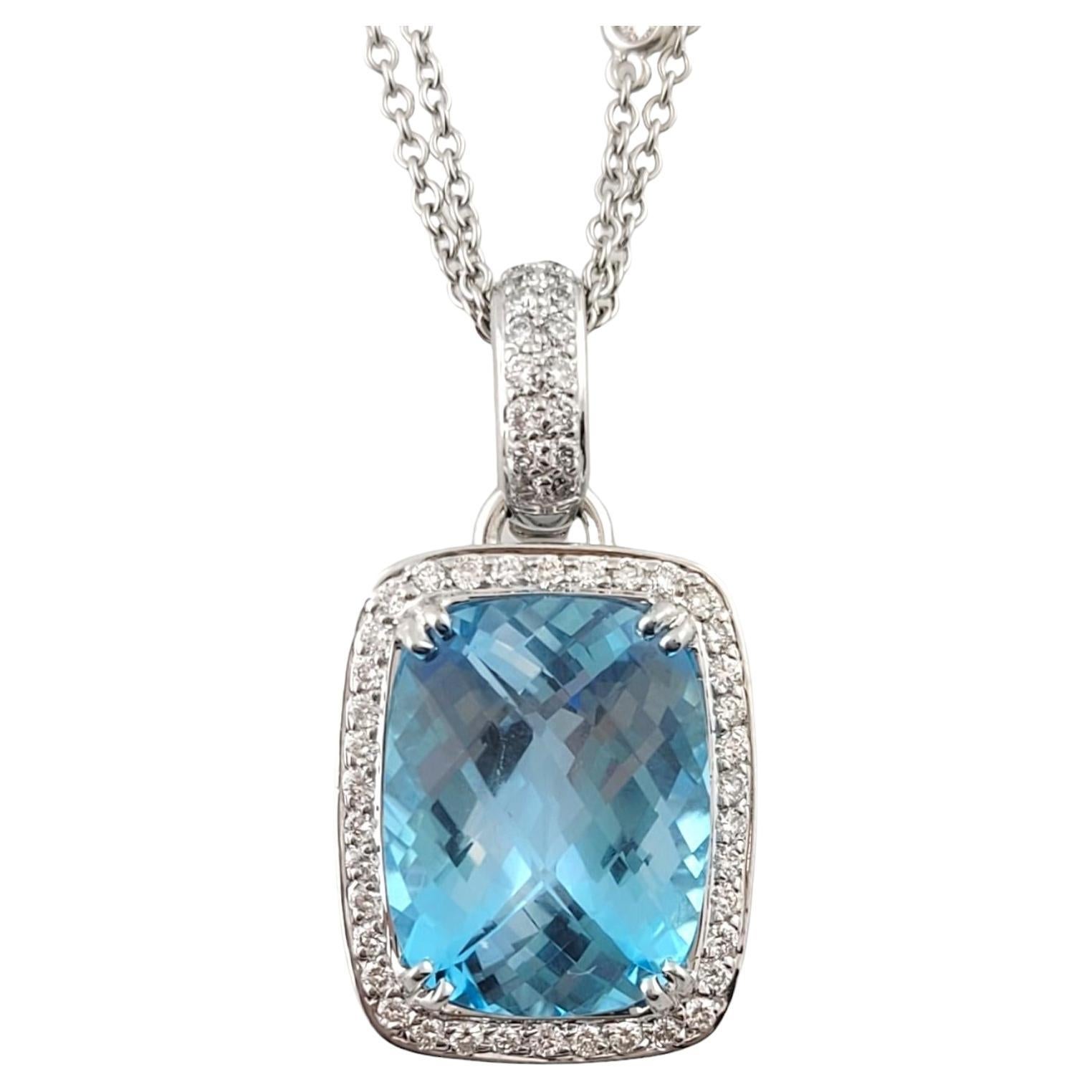 18K White Gold Diamond & Blue Topaz Halo Pendant Necklace #16247 For Sale