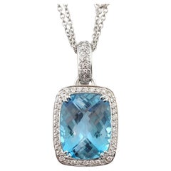 Collier pendentif Halo en or blanc 18 carats, diamants et topaze bleue n° 16247