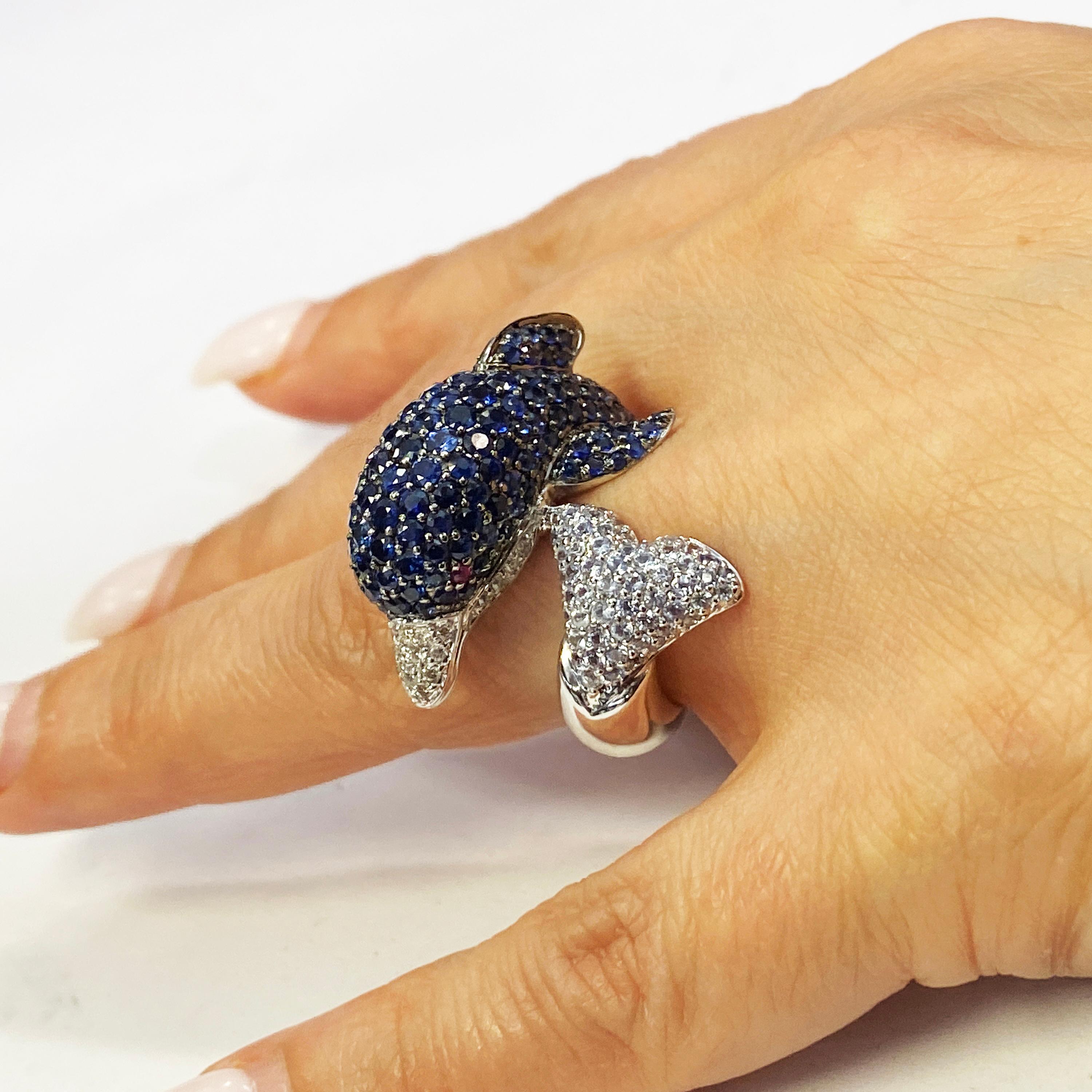 Women's or Men's 18 Karat White Gold and Diamonds Blue White Sapphires Ruby Dolphin Bypass Ring For Sale