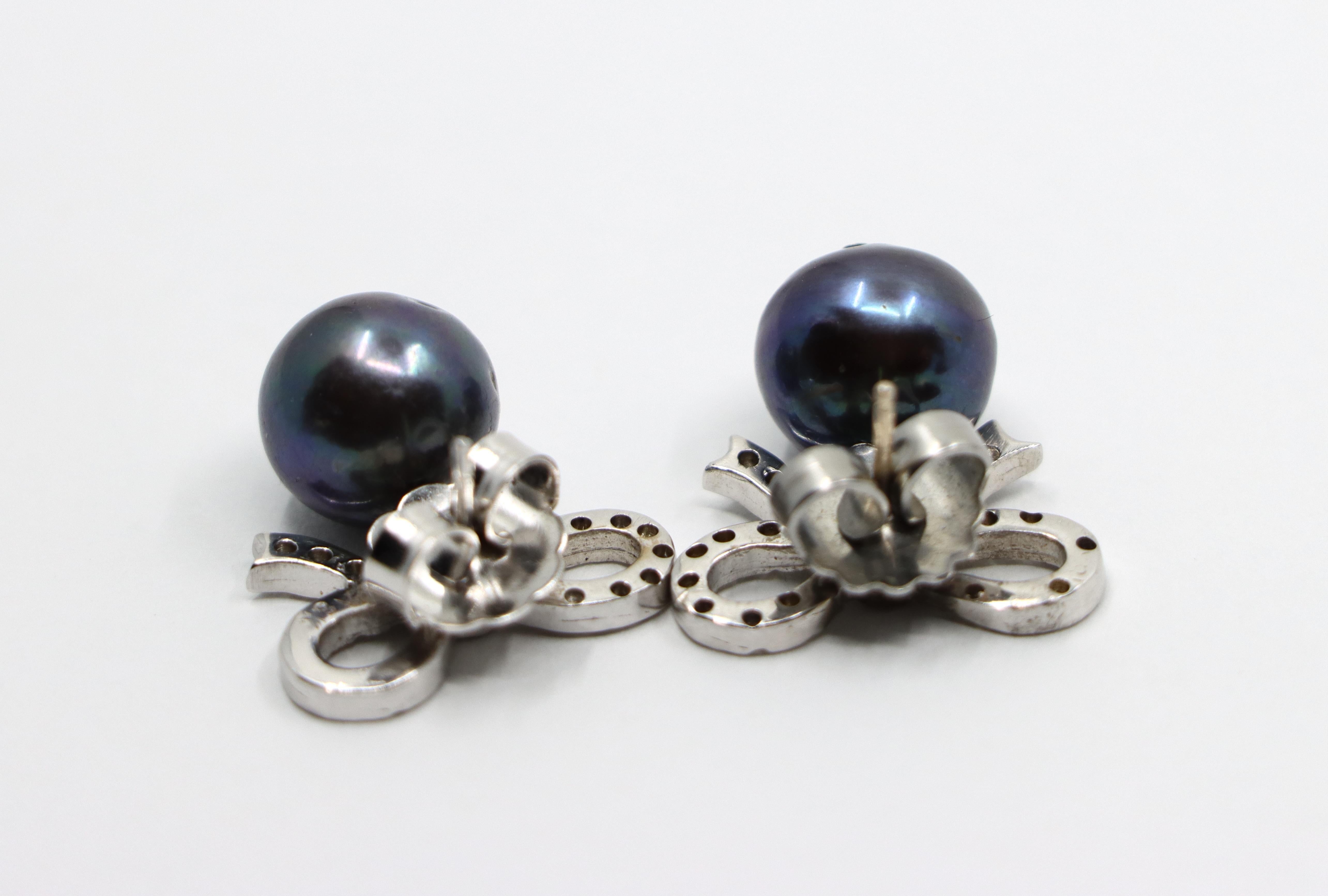 18K White Gold Diamond Bow Tie Black Pearl Earrings 5