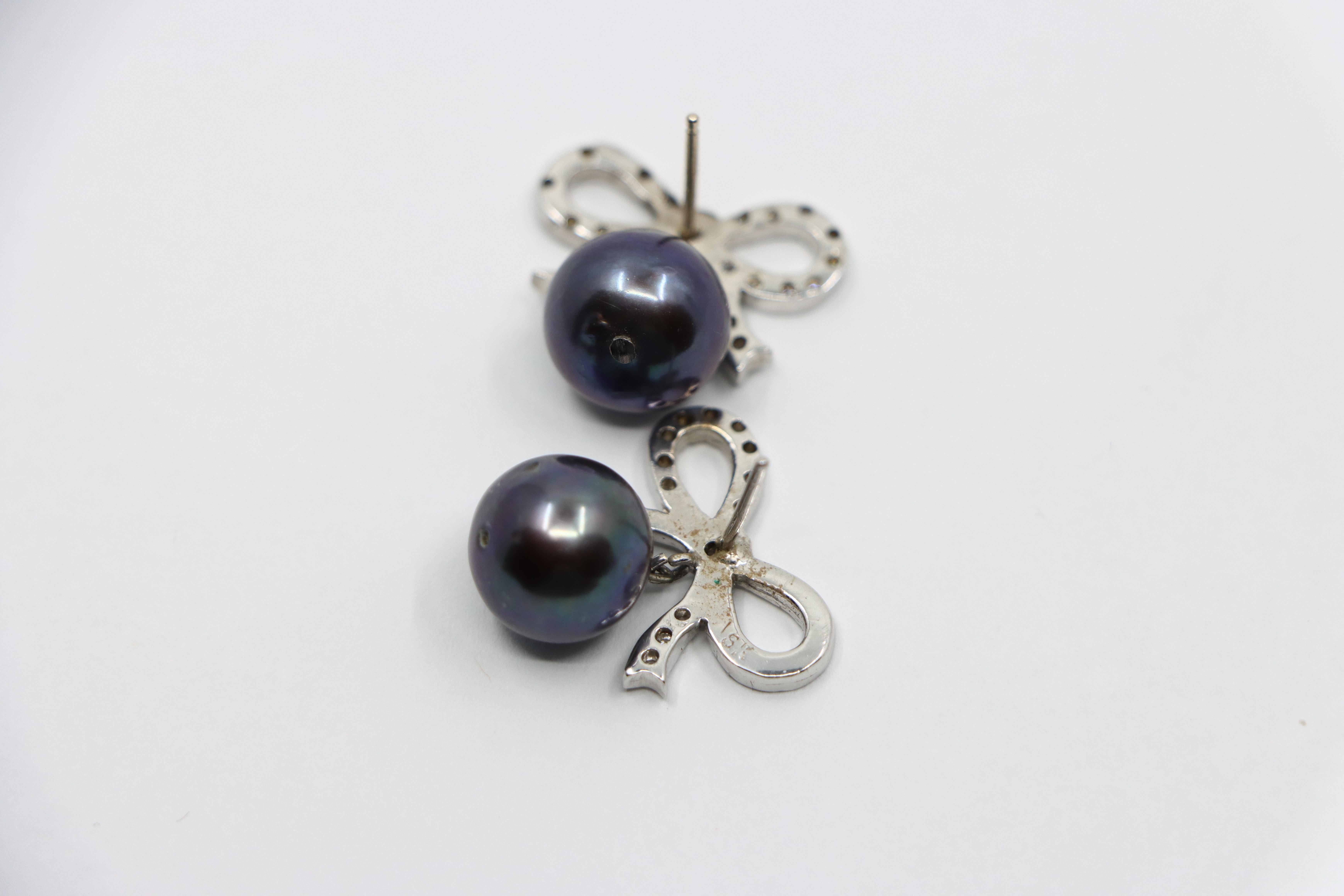 18K White Gold Diamond Bow Tie Black Pearl Earrings 6
