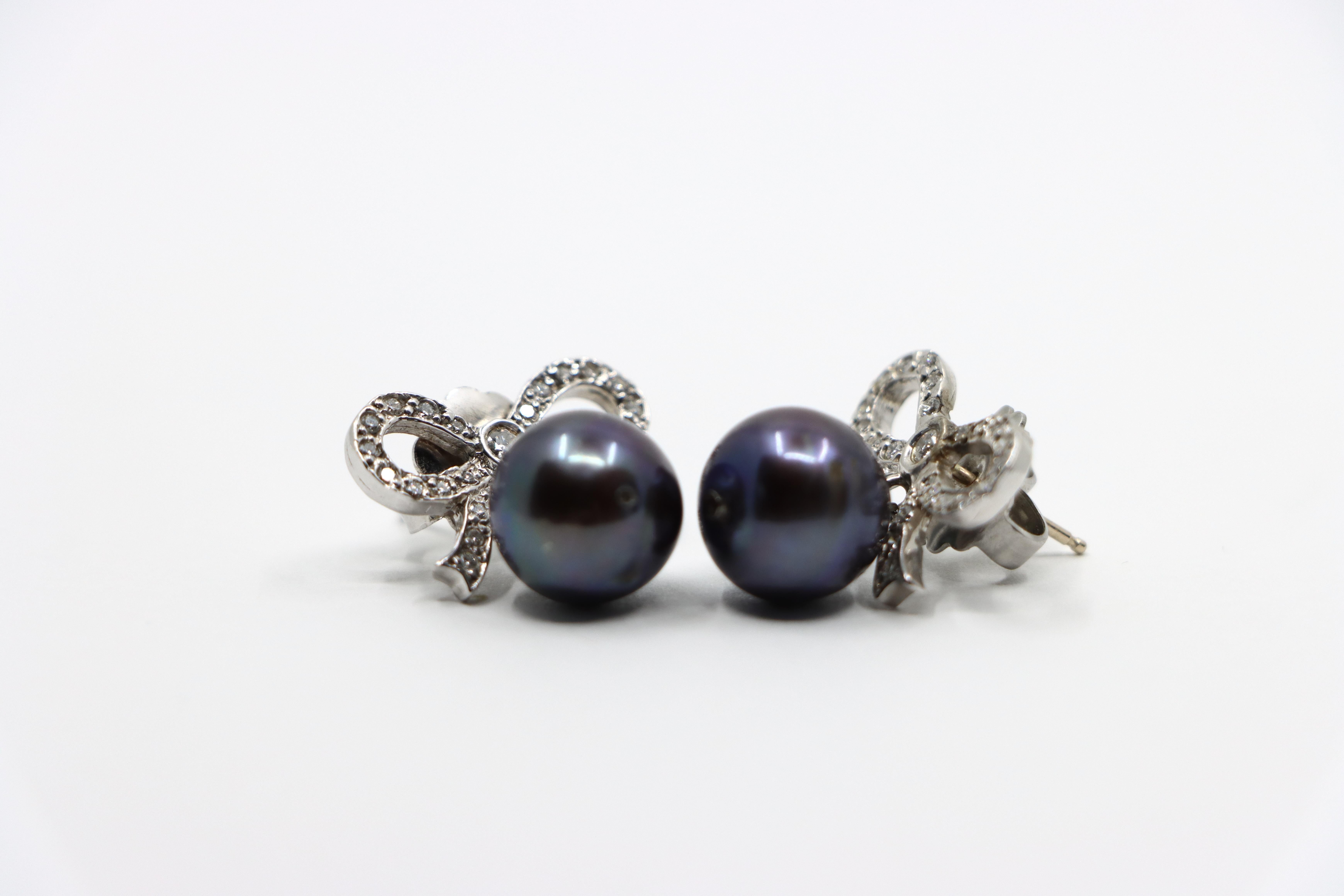 18K White Gold Diamond Bow Tie Black Pearl Earrings 8