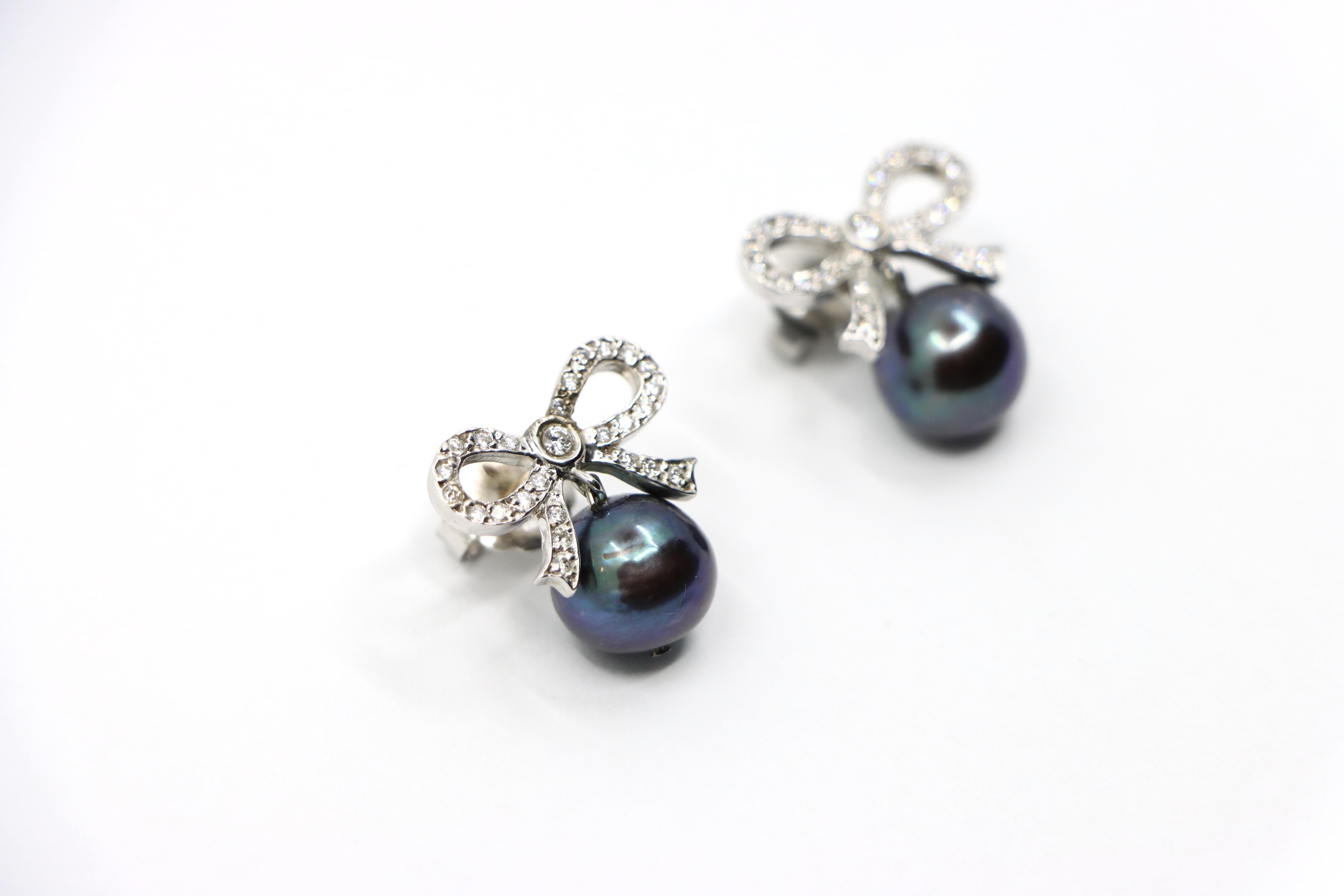 Women's or Men's 18K White Gold Diamond Bow Tie Black Pearl Earrings