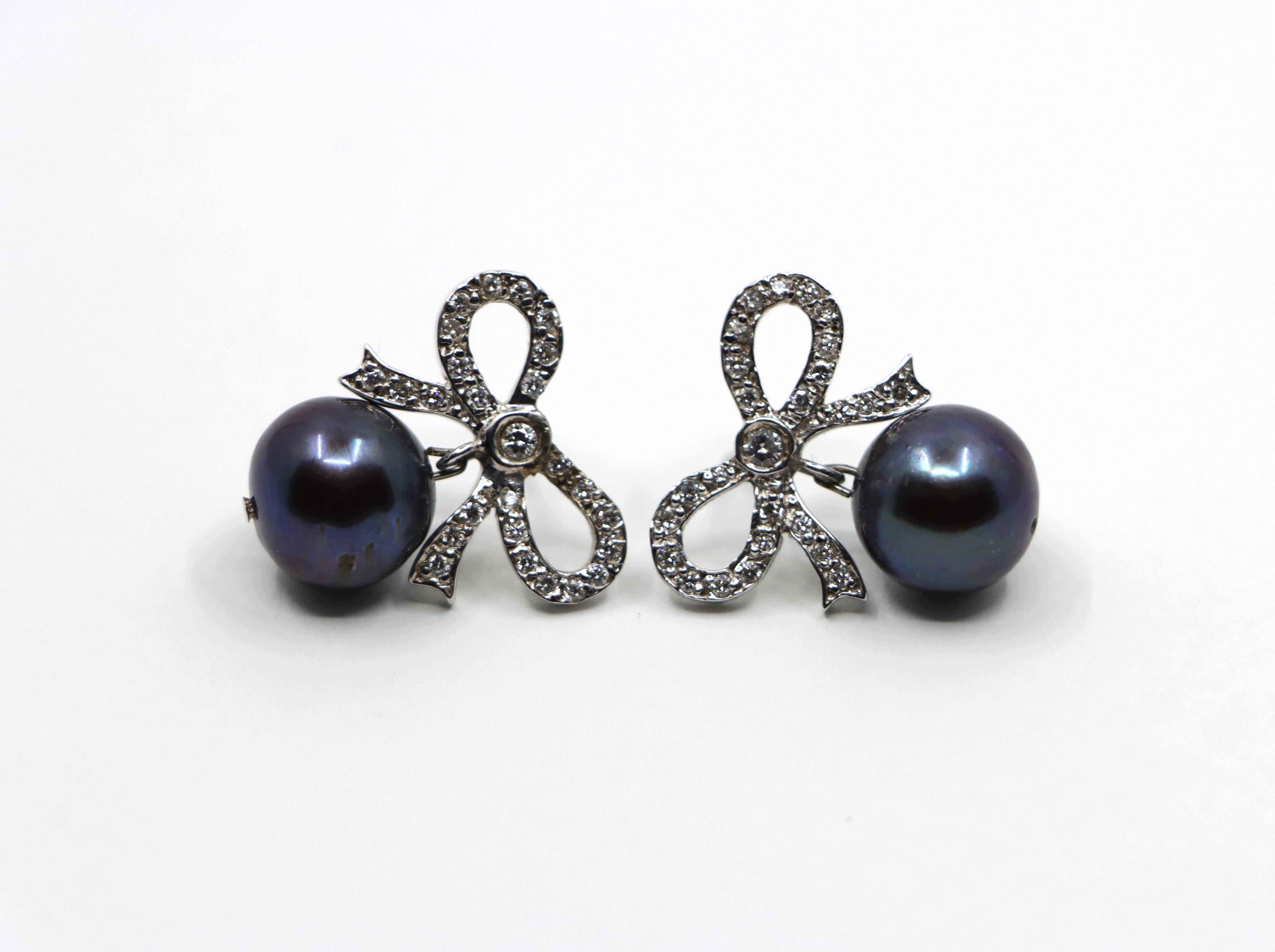 18K White Gold Diamond Bow Tie Black Pearl Earrings 2