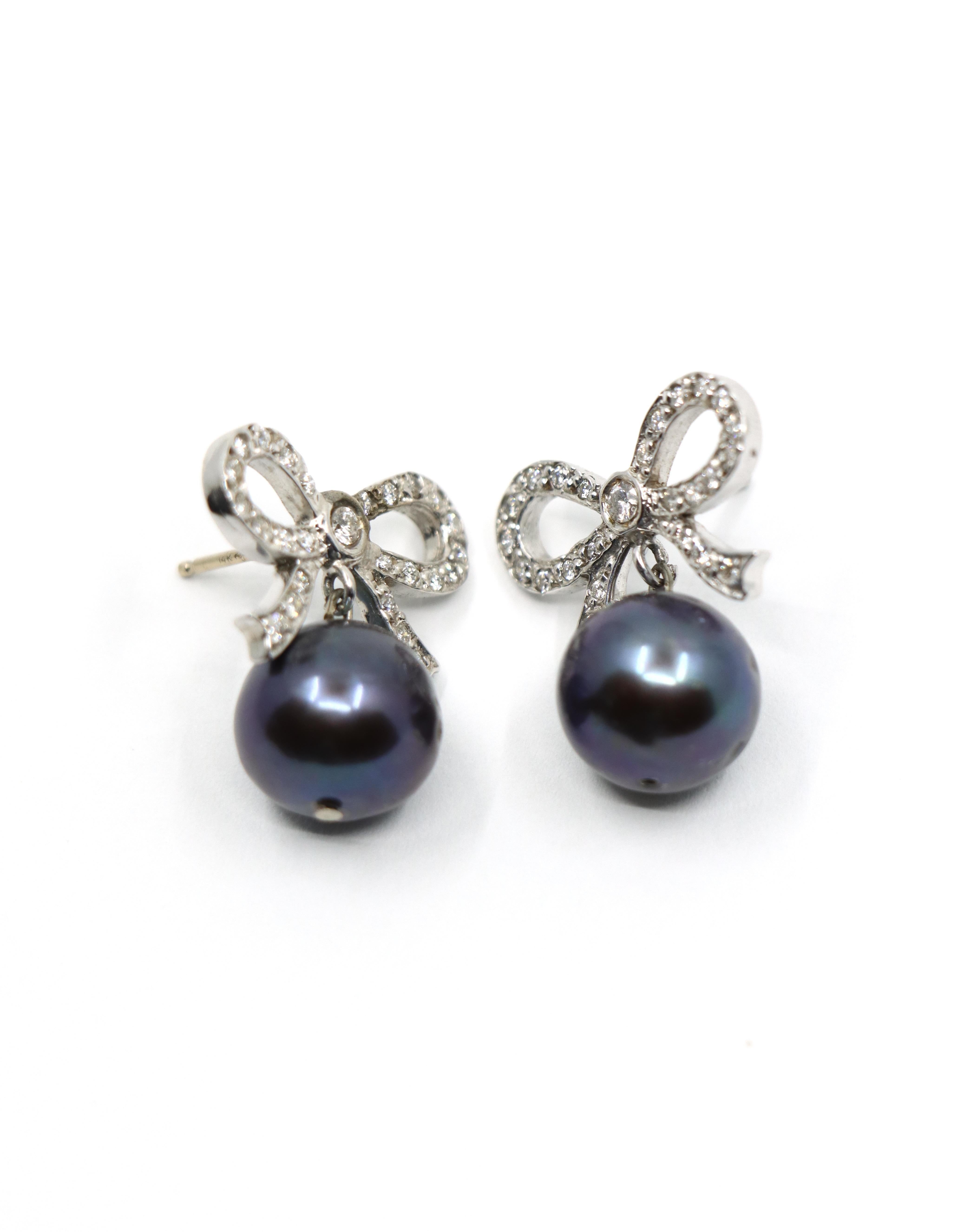 18K White Gold Diamond Bow Tie Black Pearl Earrings 3