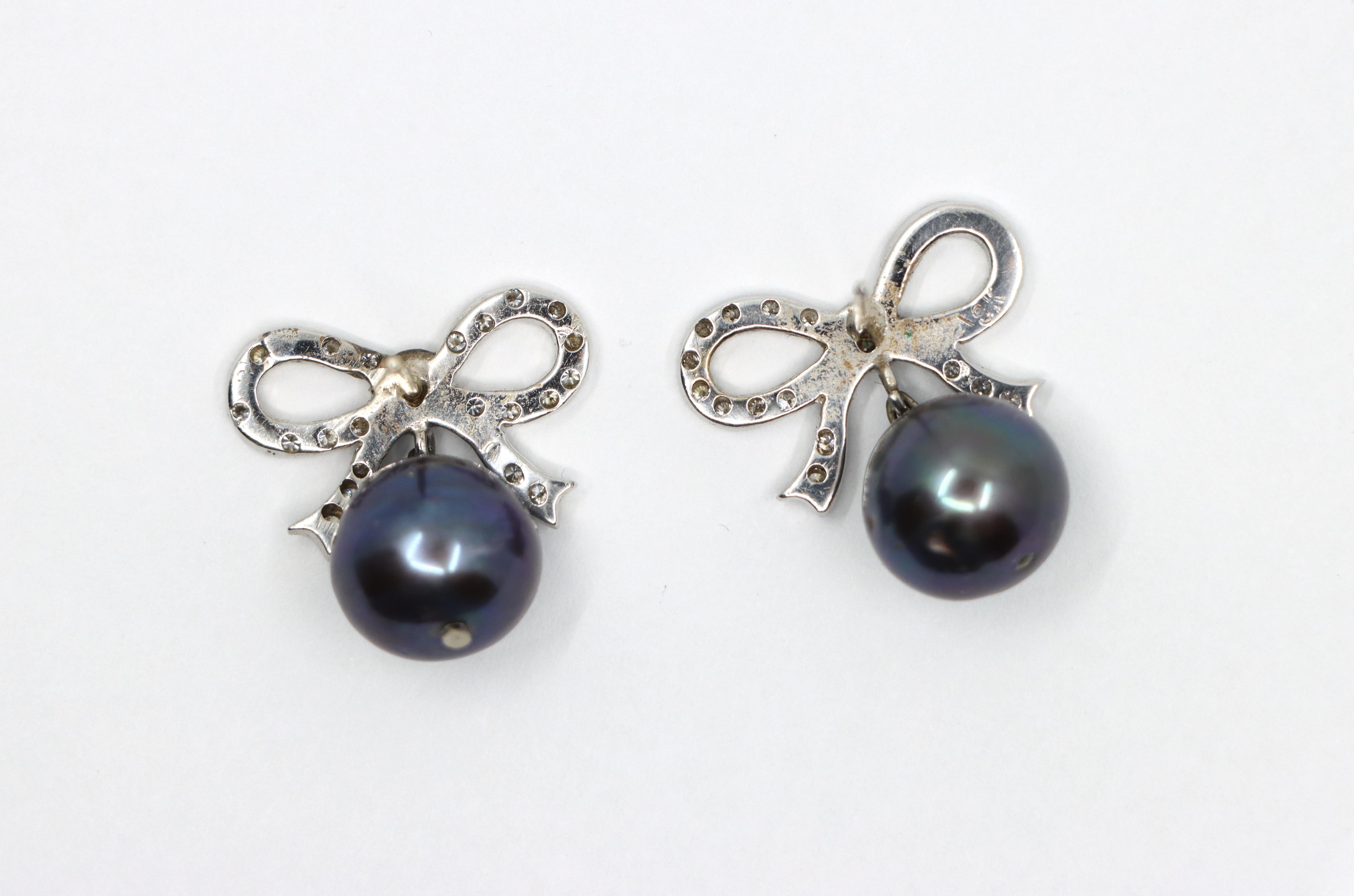 18K White Gold Diamond Bow Tie Black Pearl Earrings 4