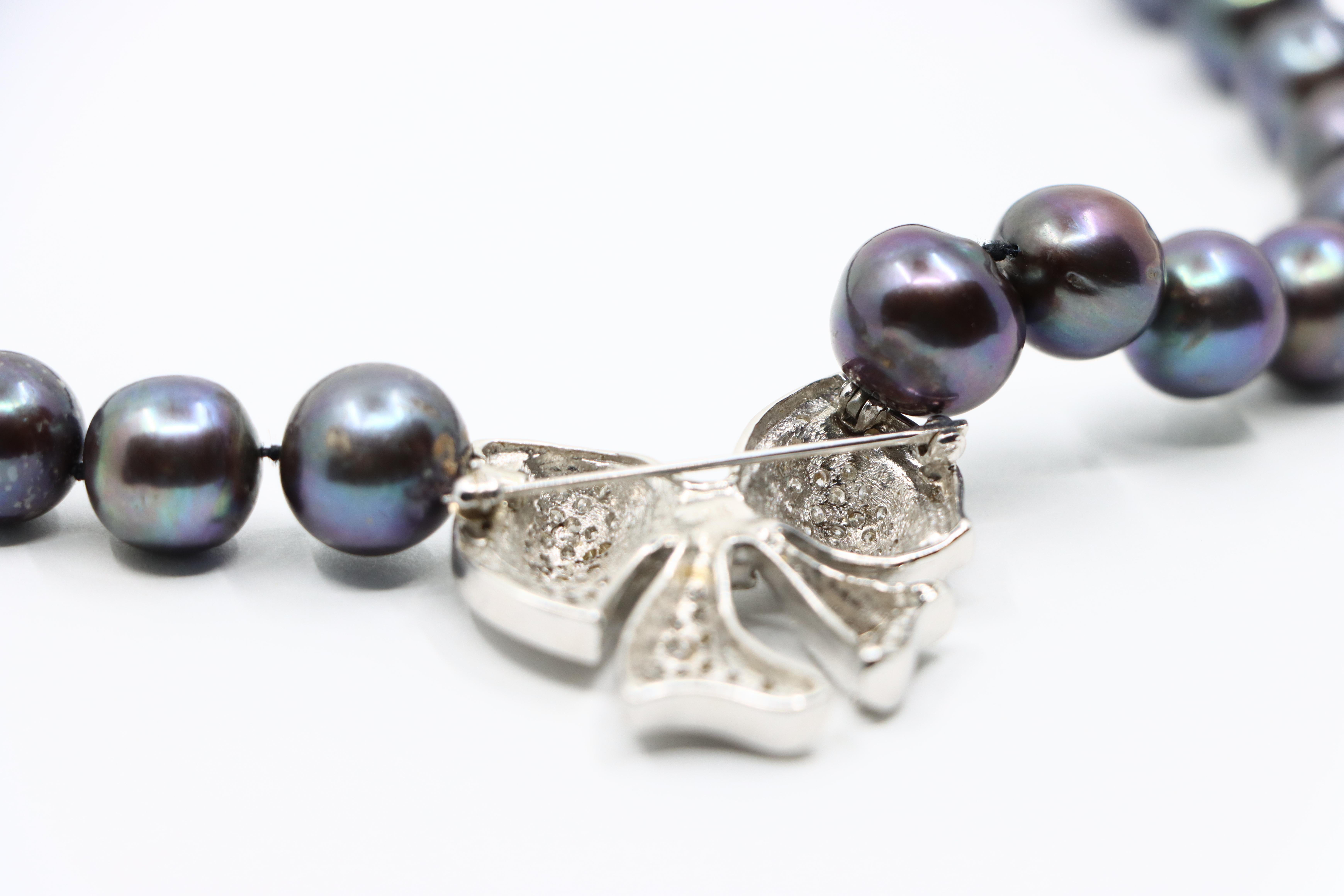 18K White Gold Diamond Bow Tie Brooch Black Pearl Necklace 9