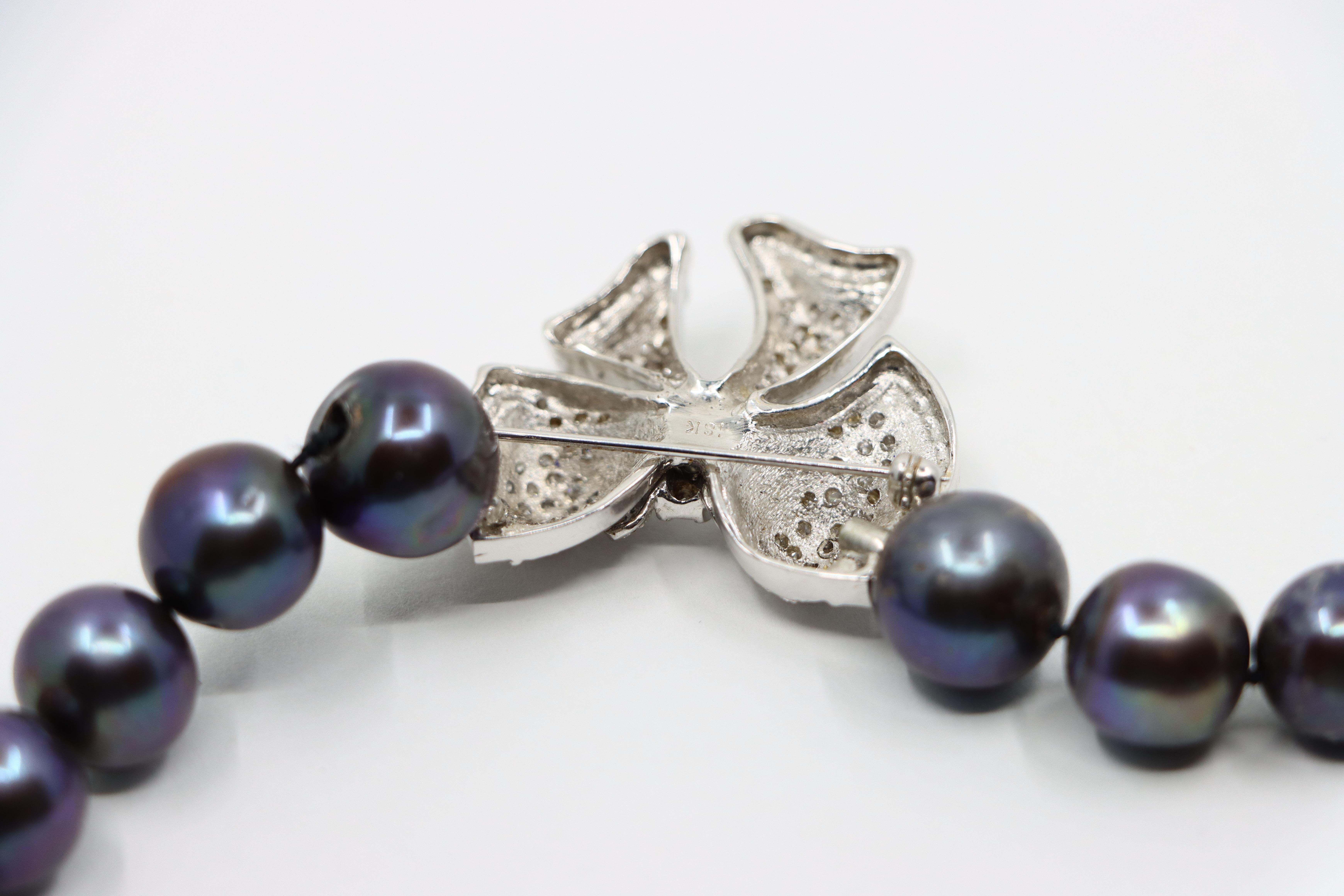 18K White Gold Diamond Bow Tie Brooch Black Pearl Necklace 10
