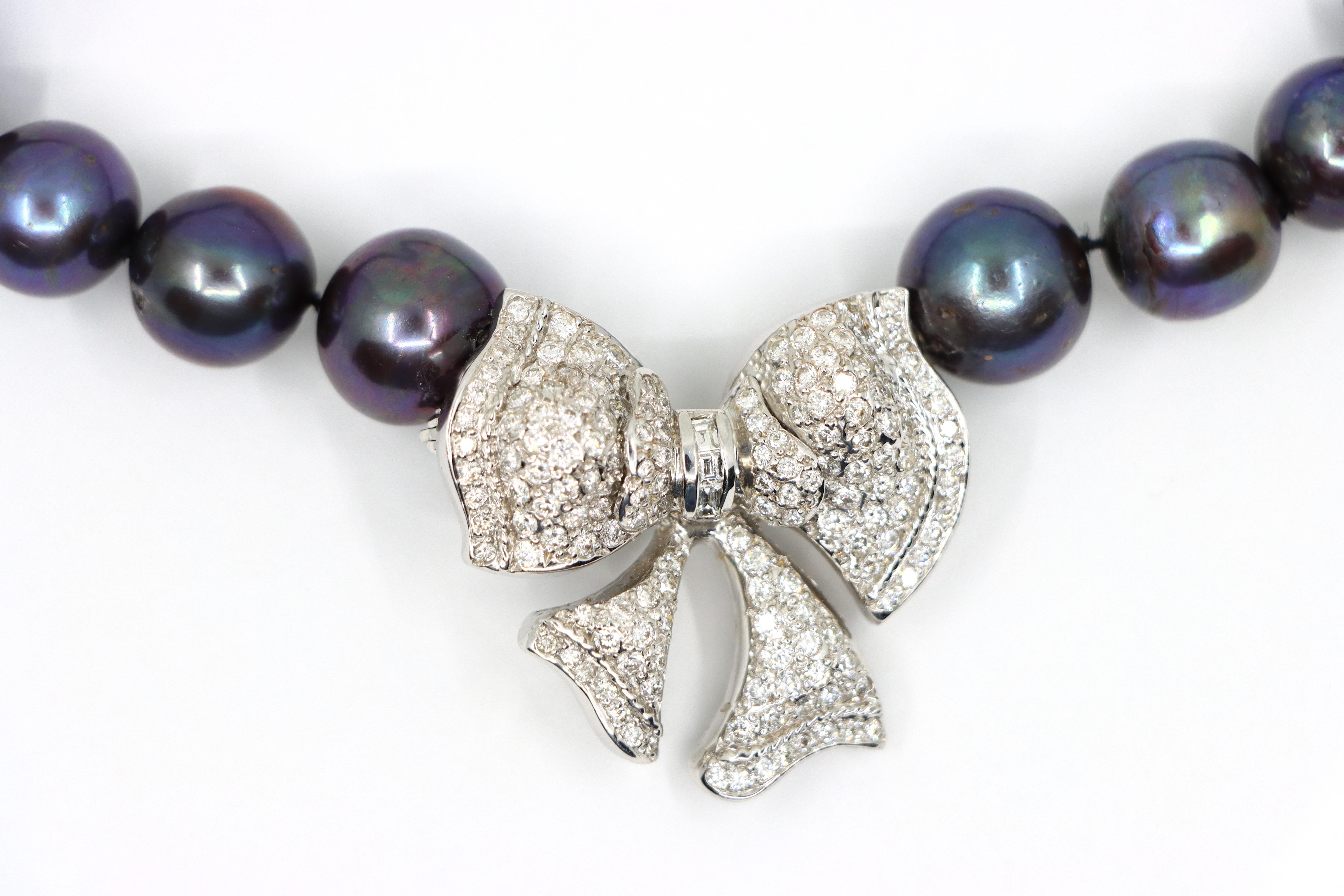 Women's or Men's 18K White Gold Diamond Bow Tie Brooch Black Pearl Necklace