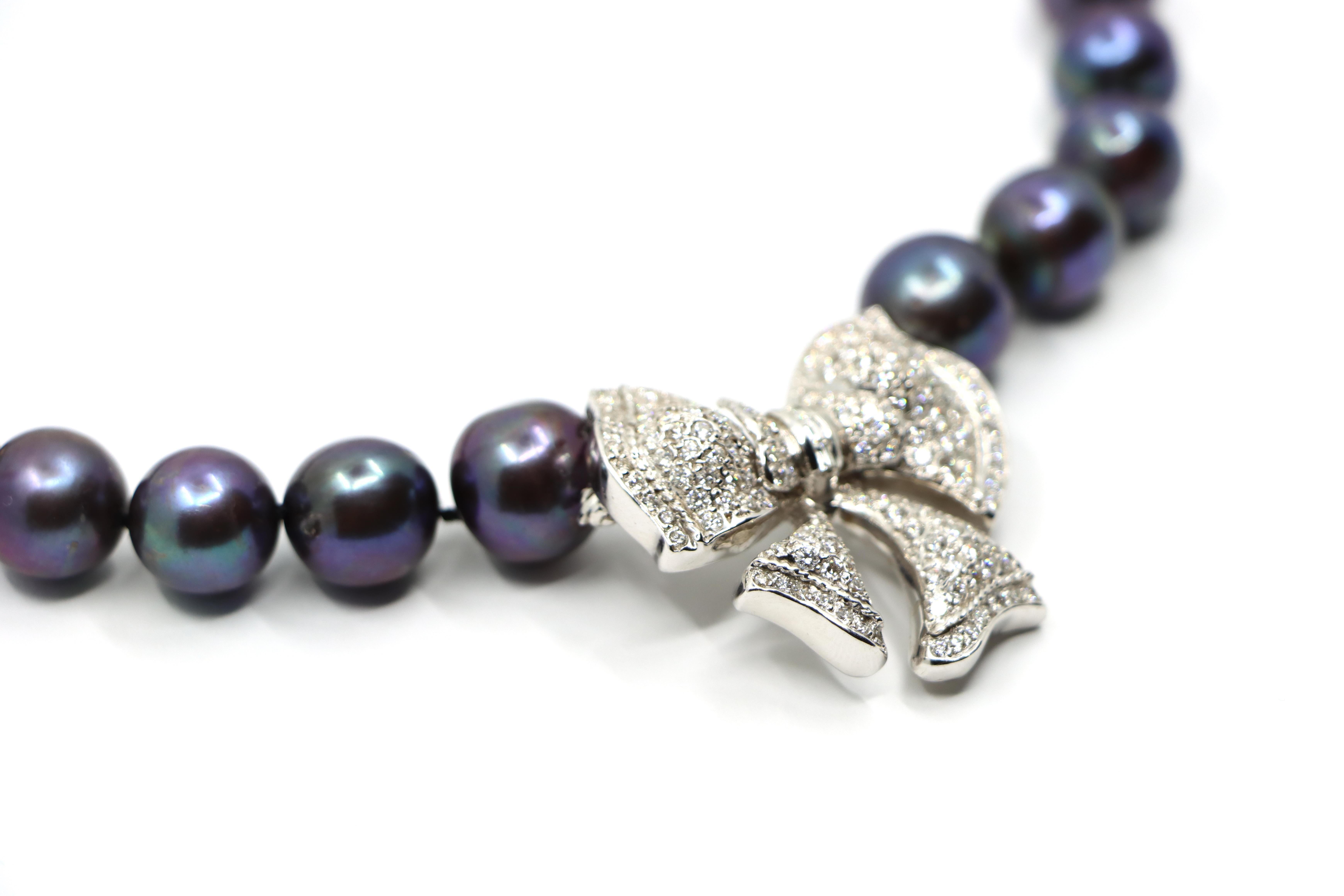 18K White Gold Diamond Bow Tie Brooch Black Pearl Necklace 1