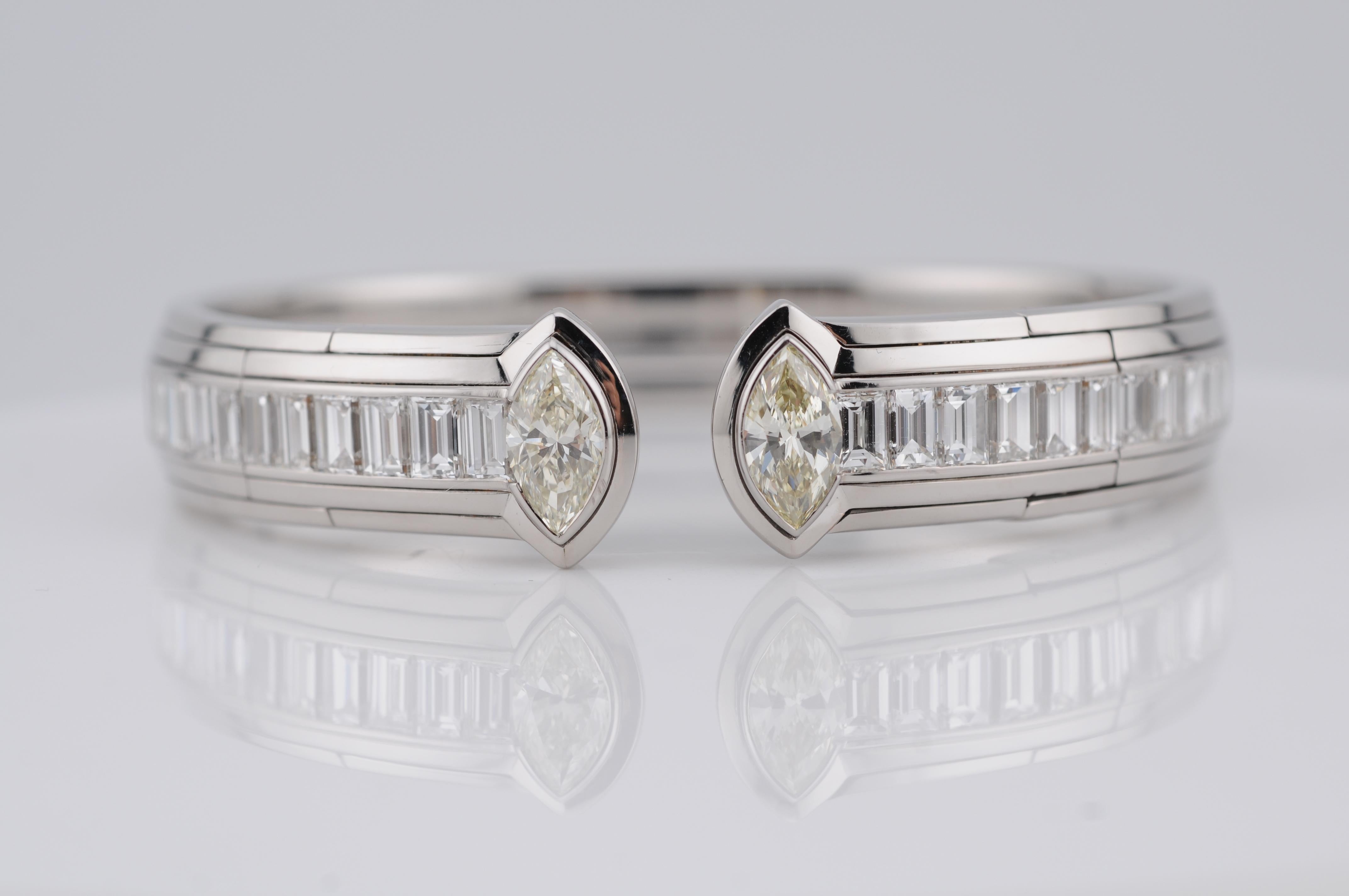 Bracciale con diamanti in oro bianco 18K - 8,5 carati, diamanti Navette e Baguette In condizioni ottime in vendita a Berlin, BE