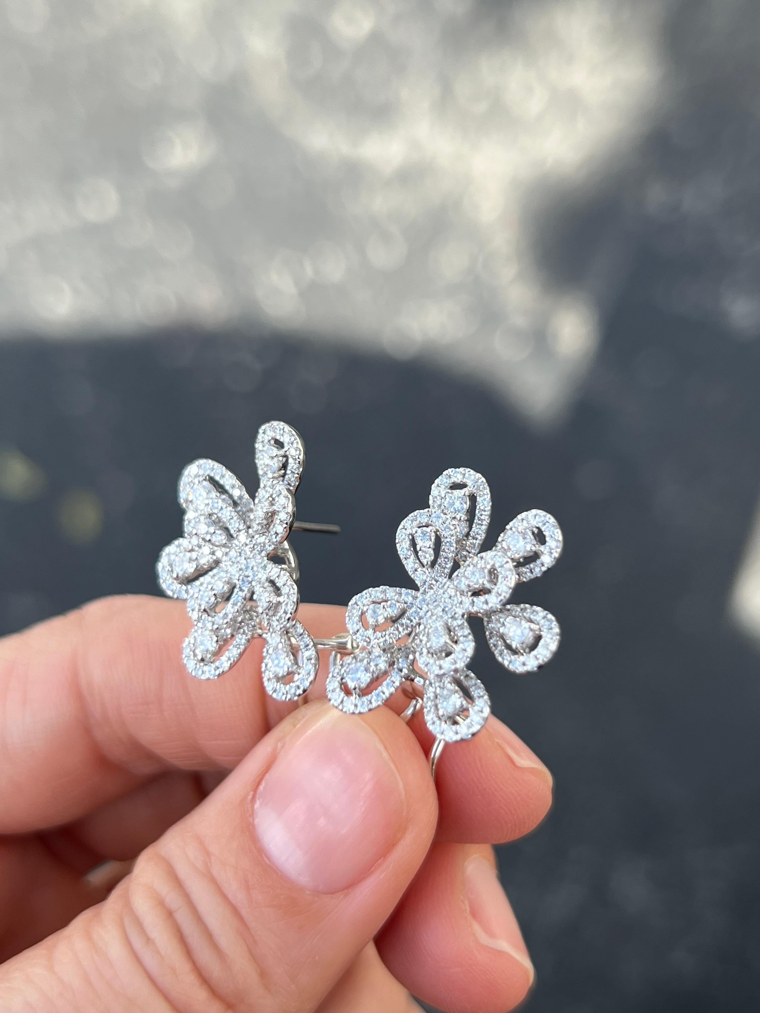 Modern 18K White Gold Diamond Bridal Firework Statement Earrings For Sale