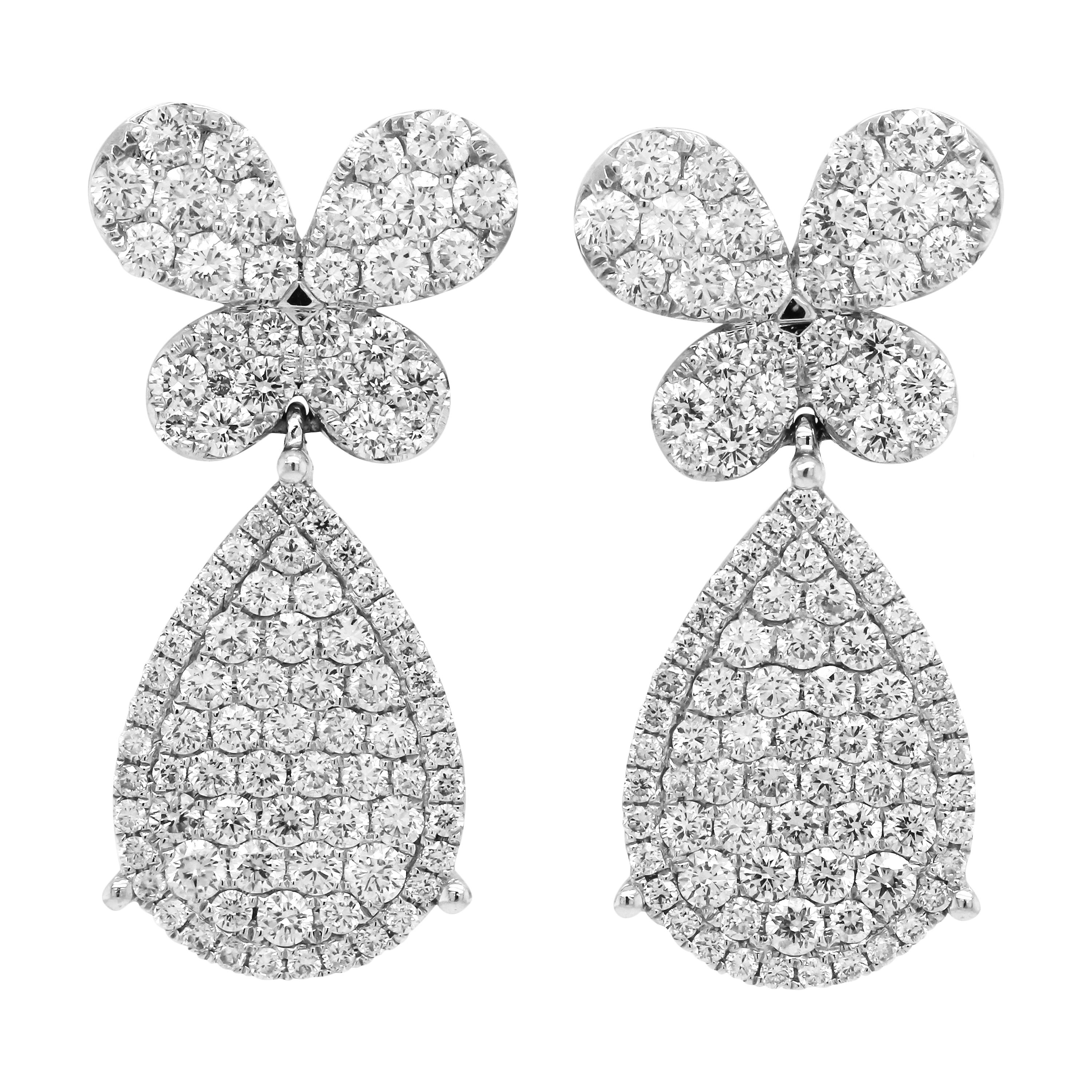 Round Cut 18 Karat White Gold Diamond Butterfly and Pear Shape Design Drop Earrings For Sale