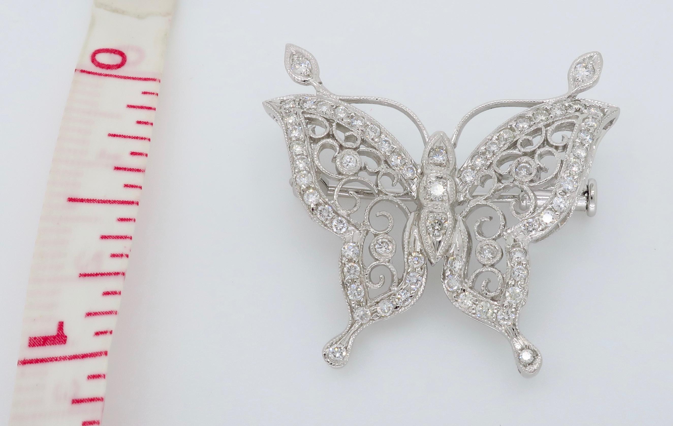 Women's or Men's 18 Karat White Gold Diamond Butterfly Brooch