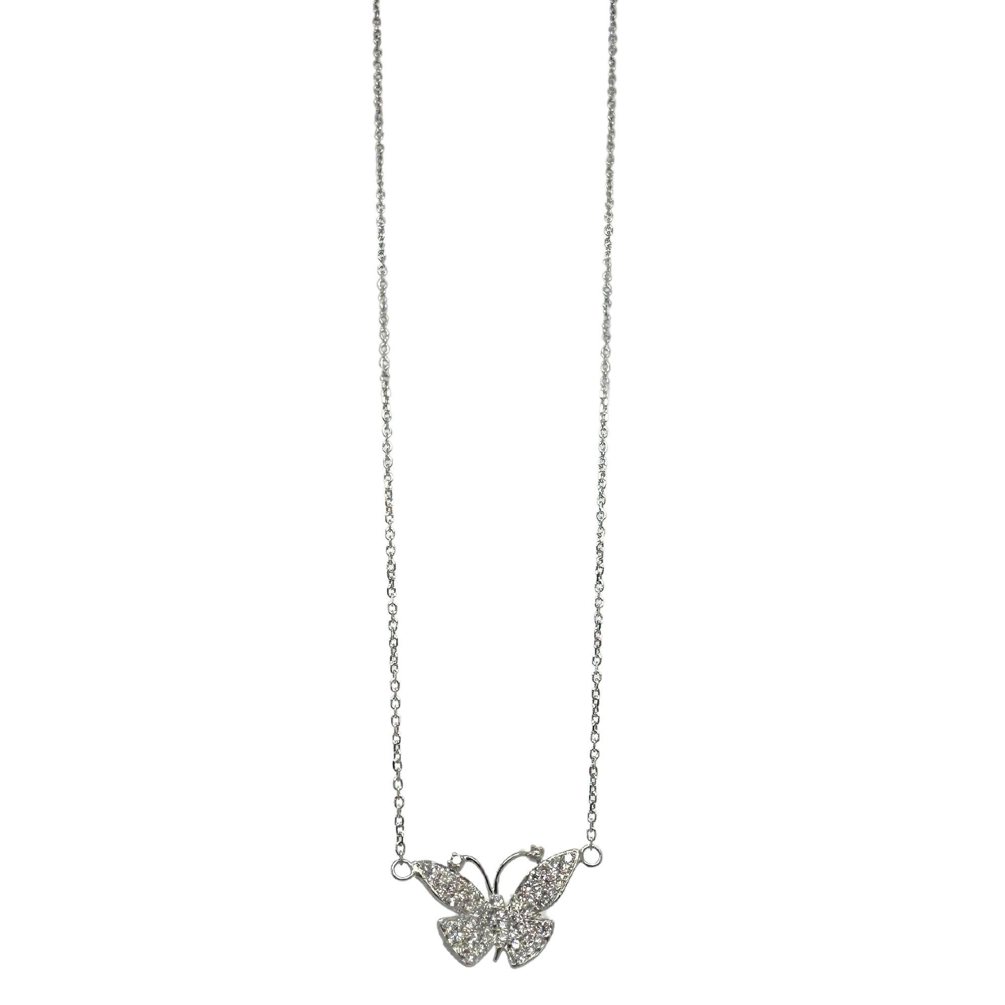 18K White Gold Diamond Butterfly Pendant Necklace with 14K White Gold Chain. 2.0 grams, 16-inch chain, 0.50-inch pendant. The butterfly pendant, made of 18K white gold, features 0.20 carats of diamonds and hangs from a 14K white gold chain. In good