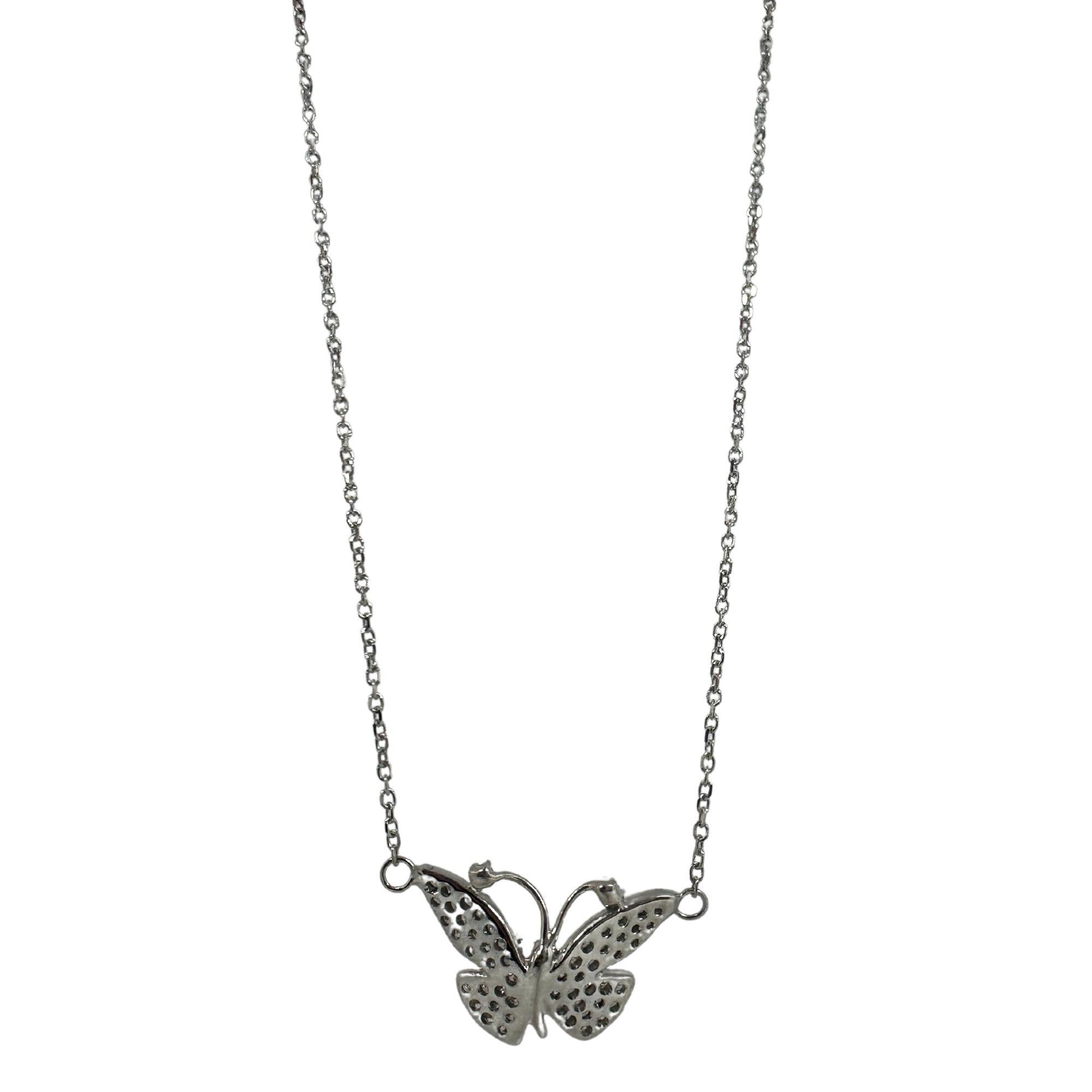 18K White Gold Diamond Butterfly Pendant Necklace with 14K White Gold Chain In Good Condition For Sale In New York, NY
