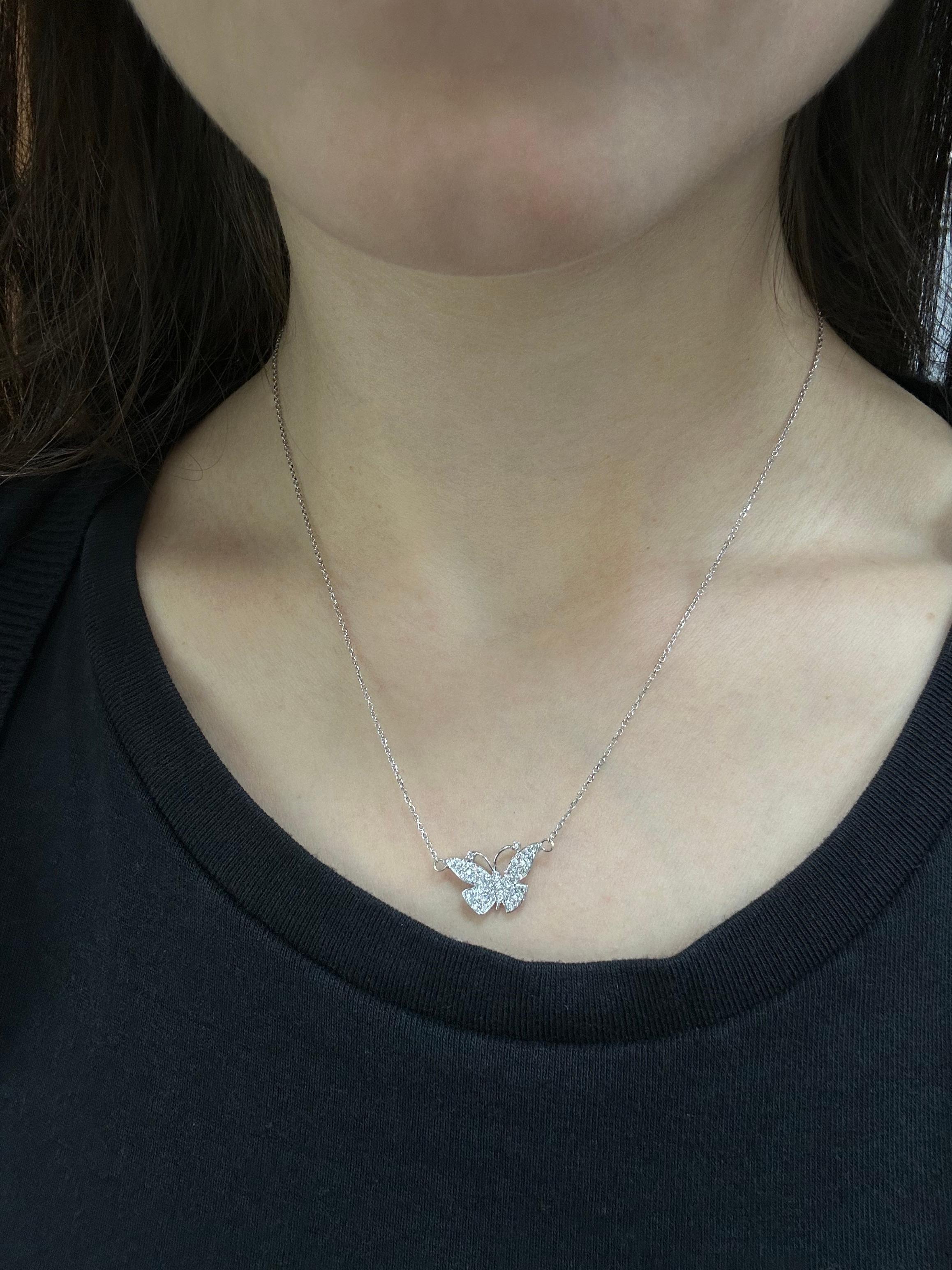 Women's 18K White Gold Diamond Butterfly Pendant Necklace with 14K White Gold Chain For Sale