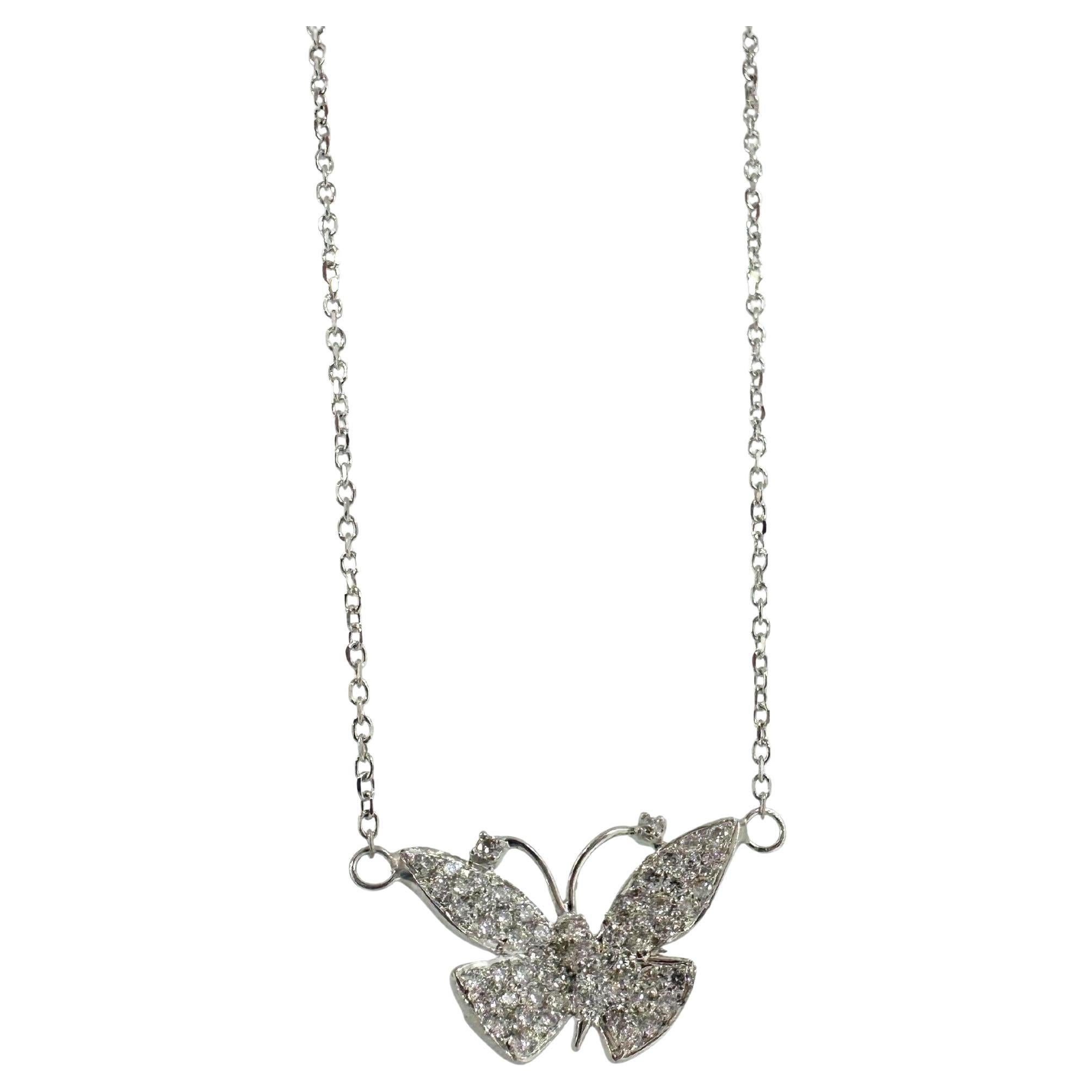 18K White Gold Diamond Butterfly Pendant Necklace with 14K White Gold Chain