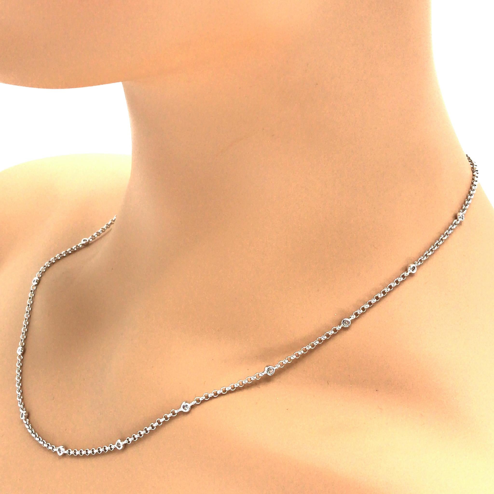 Round Cut 18k White Gold Diamond by the Yard Chain Necklace For Sale