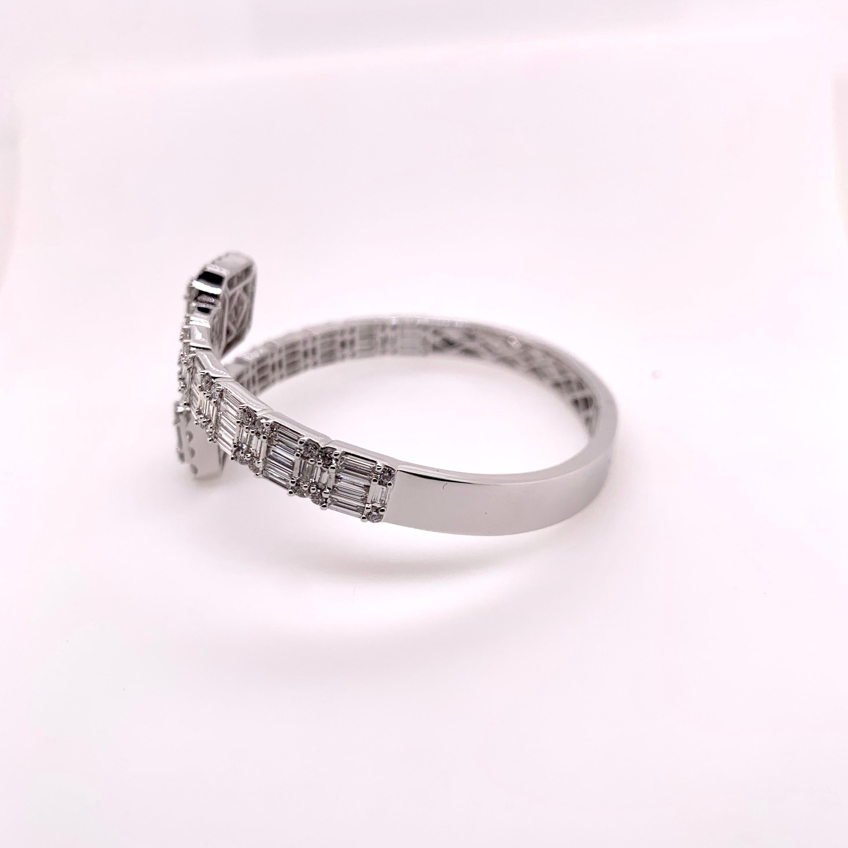Baguette Cut 18k White Gold Diamond Bypass Style Bangle For Sale
