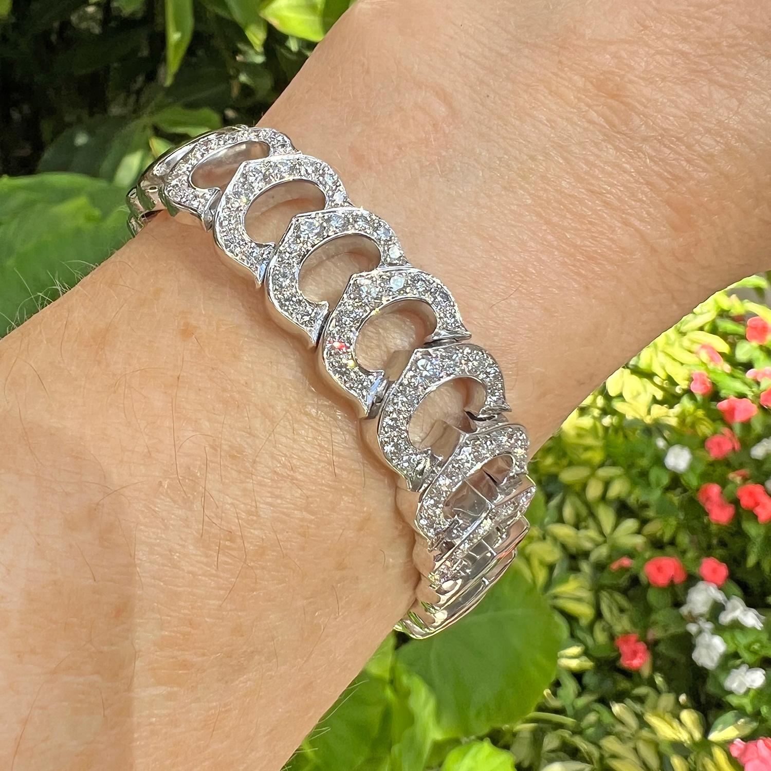 Brilliant Cut 18k White Gold Diamond C de Cartier Link Bracelet For Sale