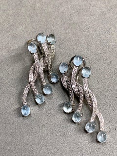 18K White Gold Diamond Cabochon Aquamarine WovenHuggie Earrings 8.20ctw