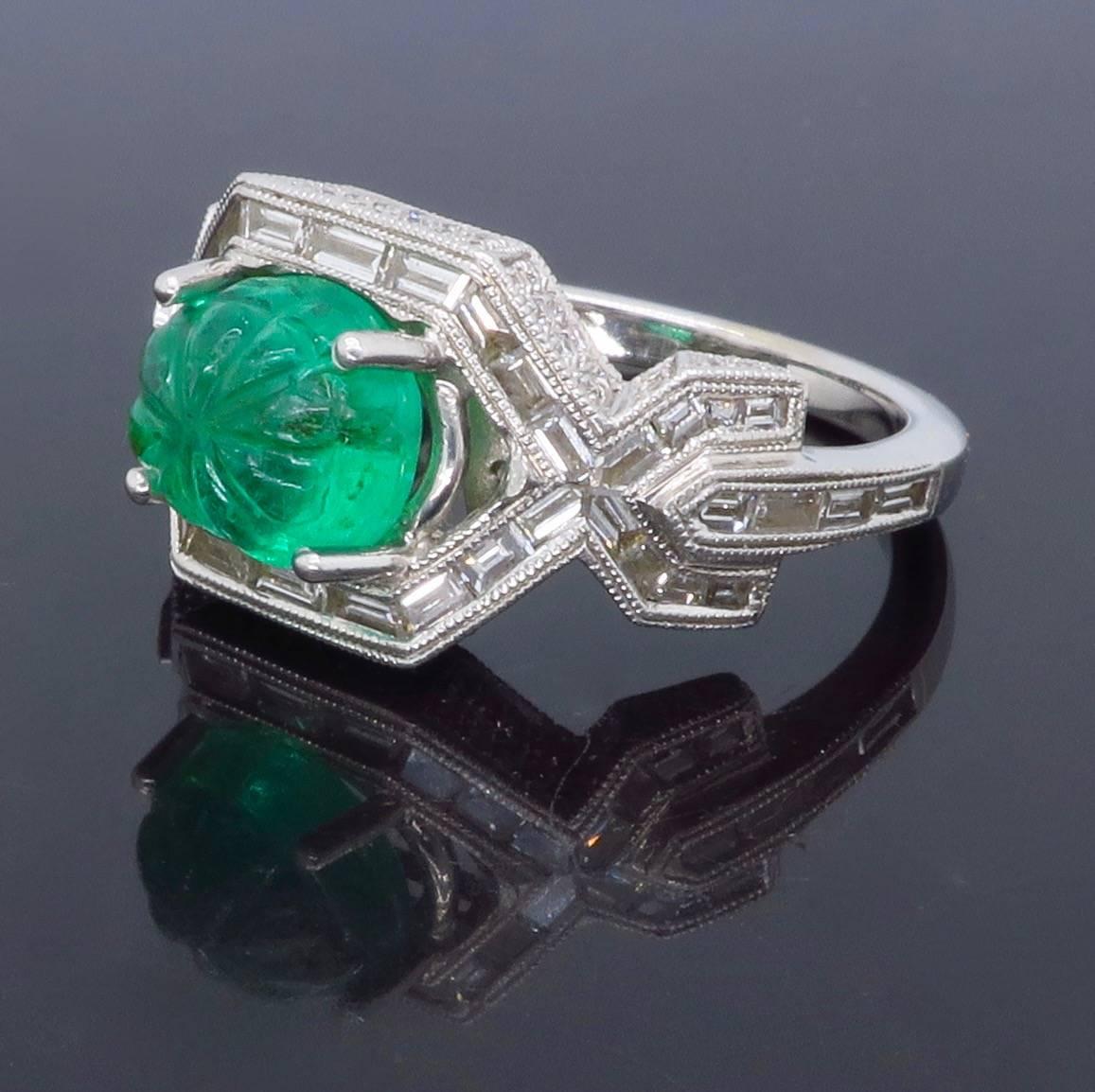 Cabochon 18k White Gold Diamond & Carved Emerald Ring
