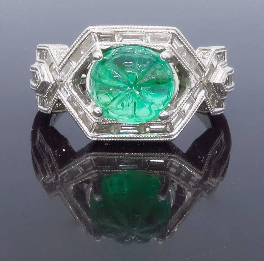 18k White Gold Diamond & Carved Emerald Ring In Excellent Condition In Webster, NY
