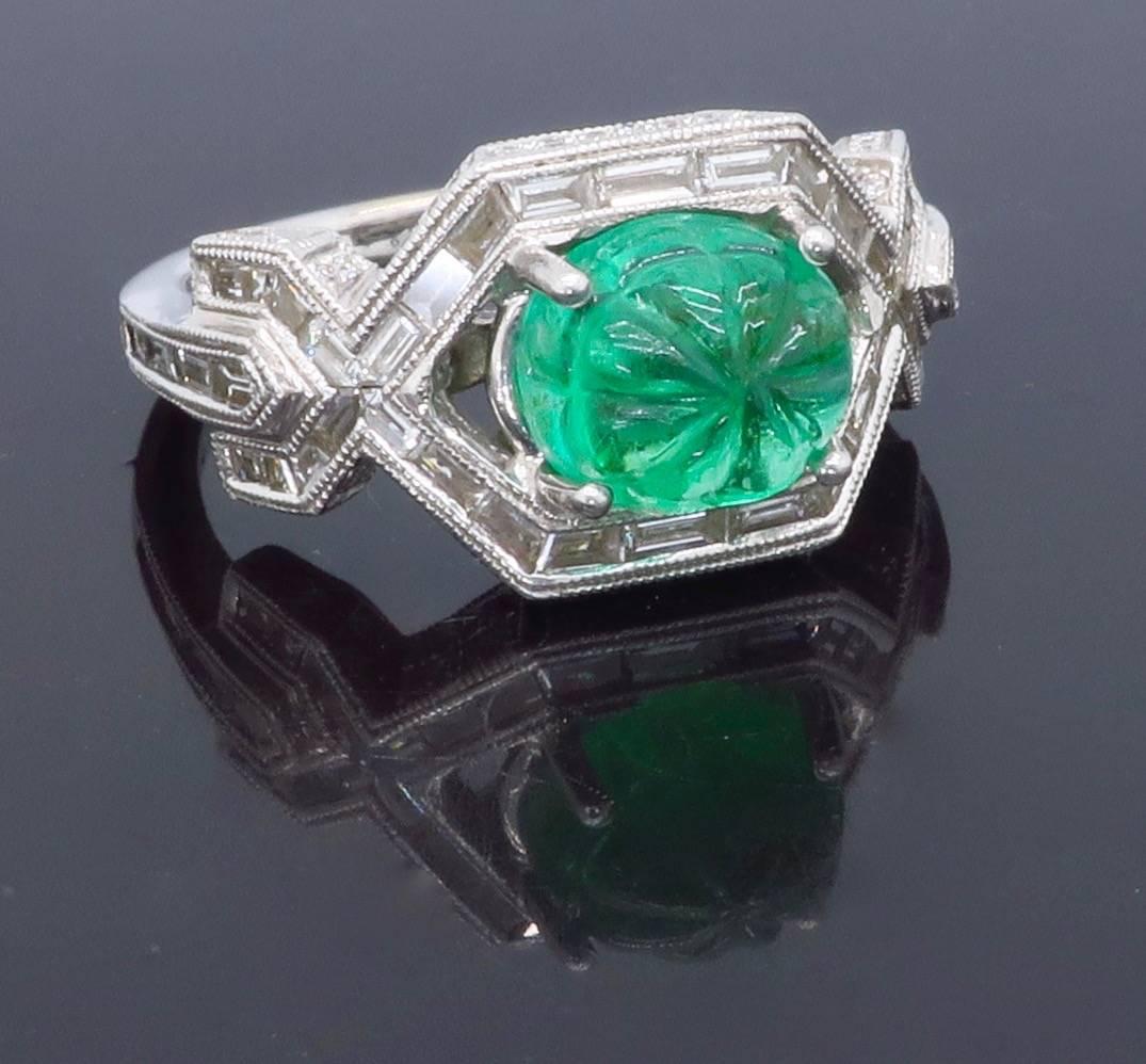 18k White Gold Diamond & Carved Emerald Ring 1