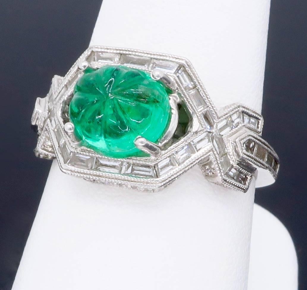 18k White Gold Diamond & Carved Emerald Ring 2