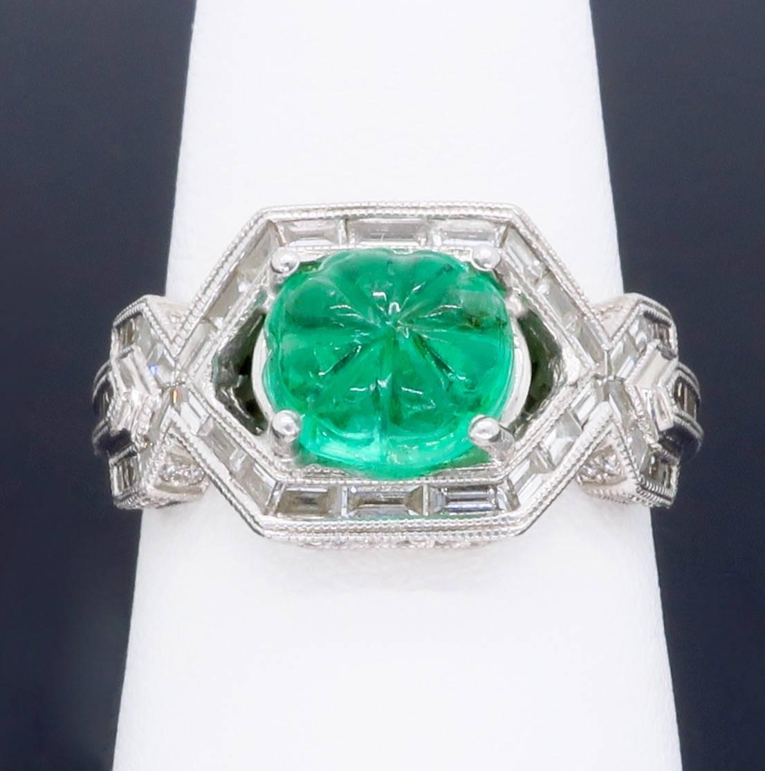 18k White Gold Diamond & Carved Emerald Ring 3