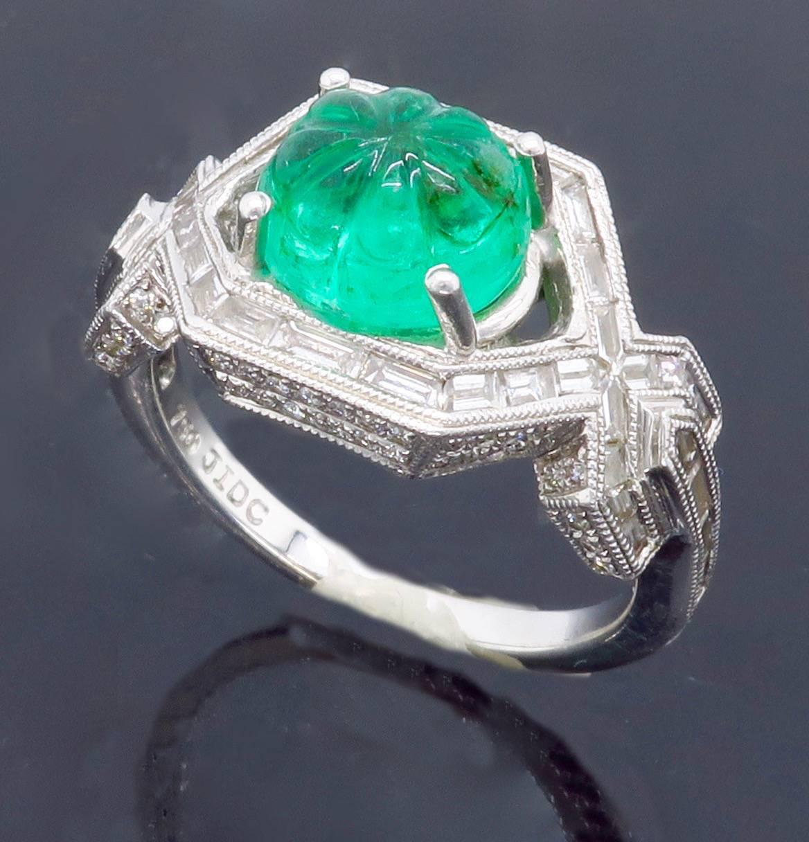 18k White Gold Diamond & Carved Emerald Ring 4