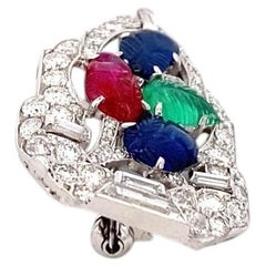 18K White Gold Diamond & Carved Gemstone Floral Brooch