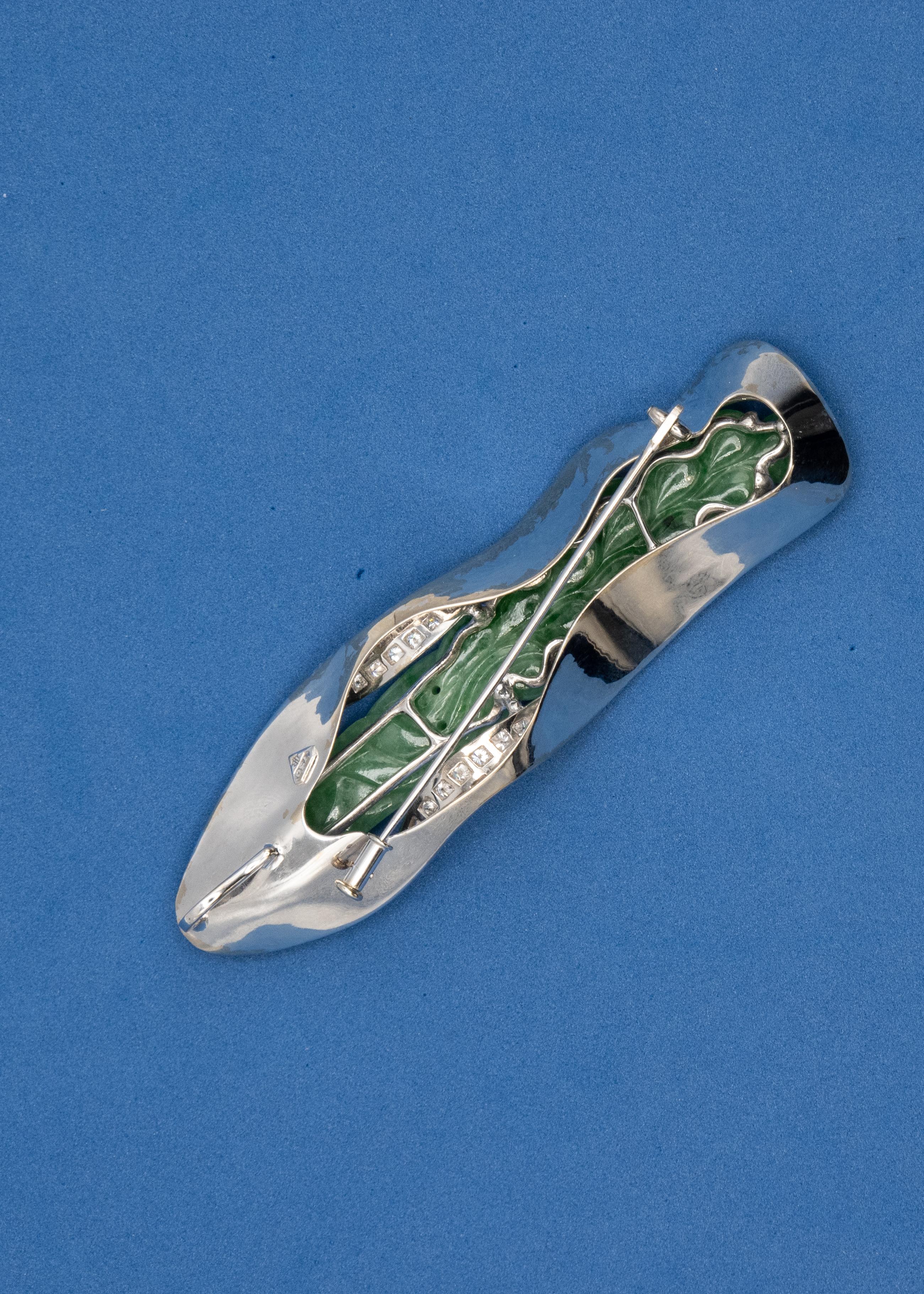 18K White Gold Diamond Carved Jade Pendant/Brooch Choker Wire Necklace For Sale 5