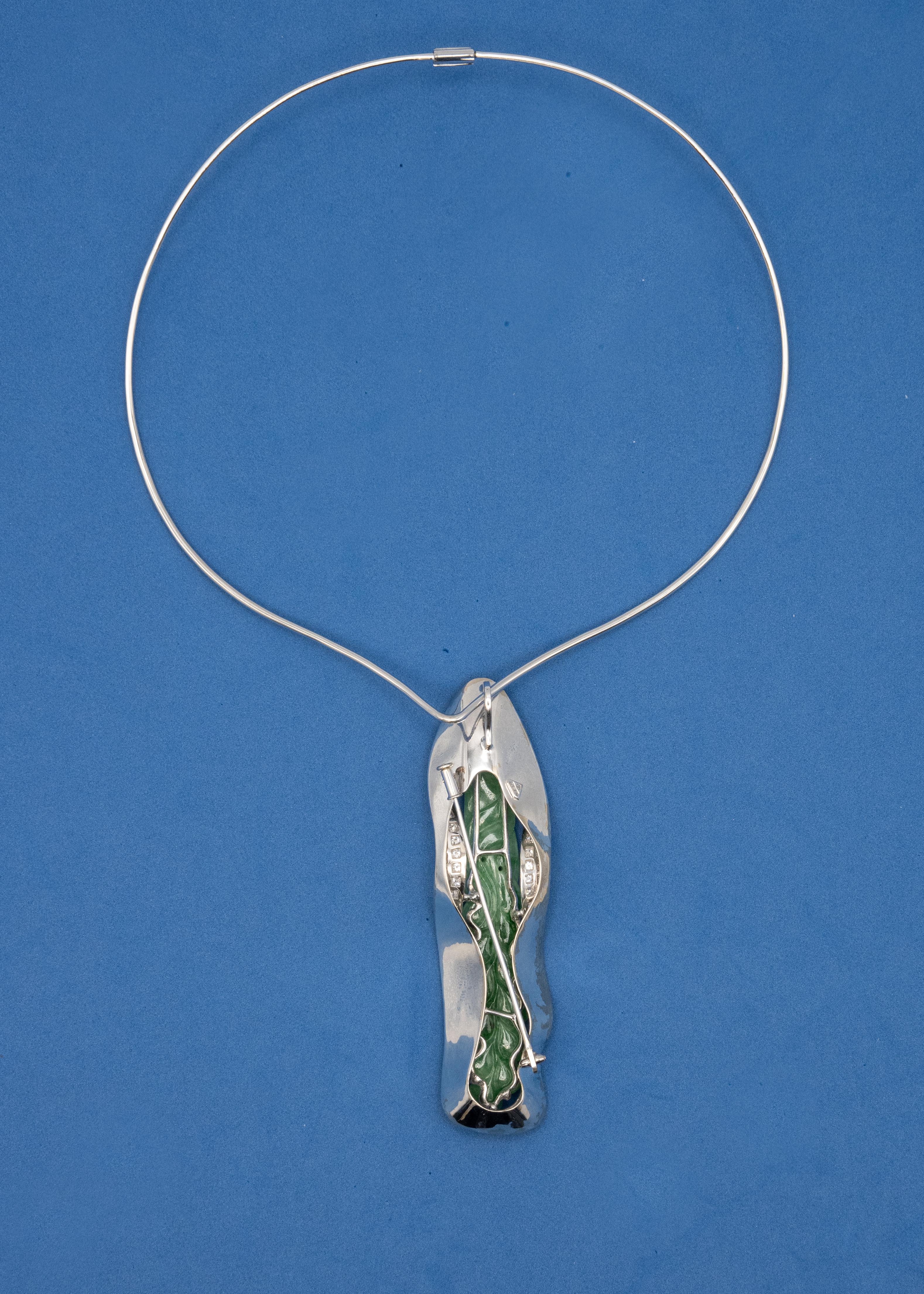 18K White Gold Diamond Carved Jade Pendant/Brooch Choker Wire Necklace For Sale 6