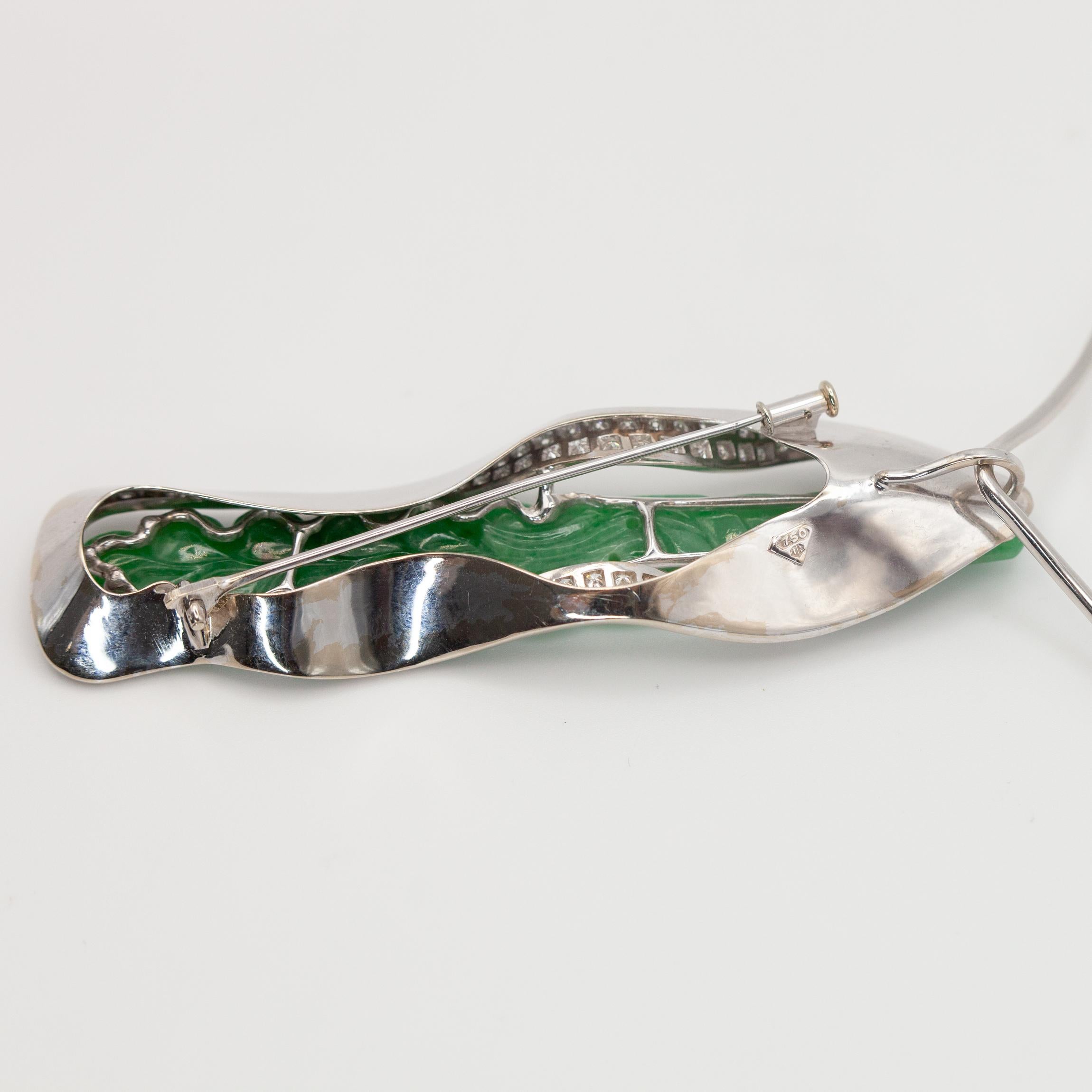 18K White Gold Diamond Carved Jade Pendant/Brooch Choker Wire Necklace For Sale 8