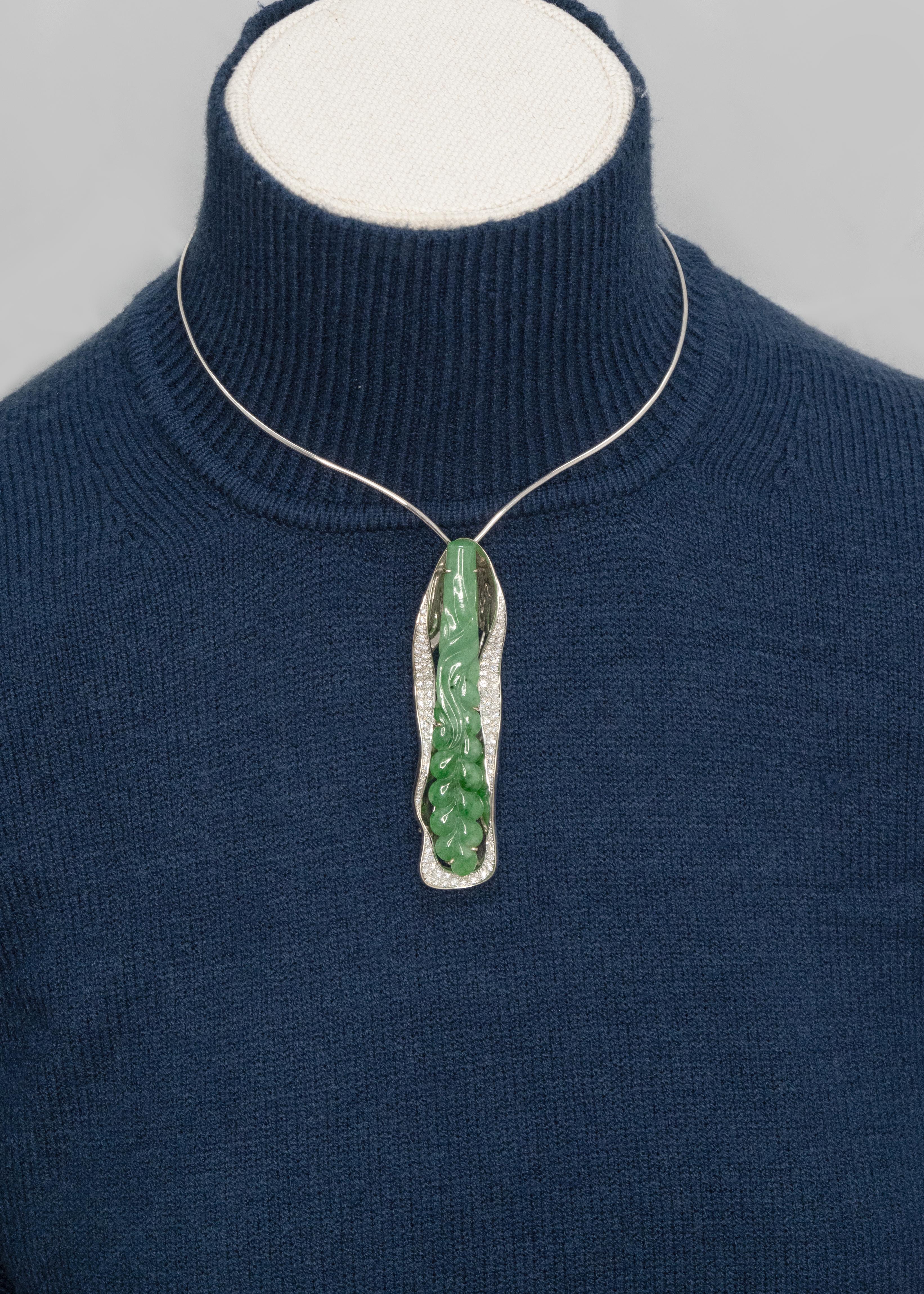 Modern 18K White Gold Diamond Carved Jade Pendant/Brooch Choker Wire Necklace For Sale