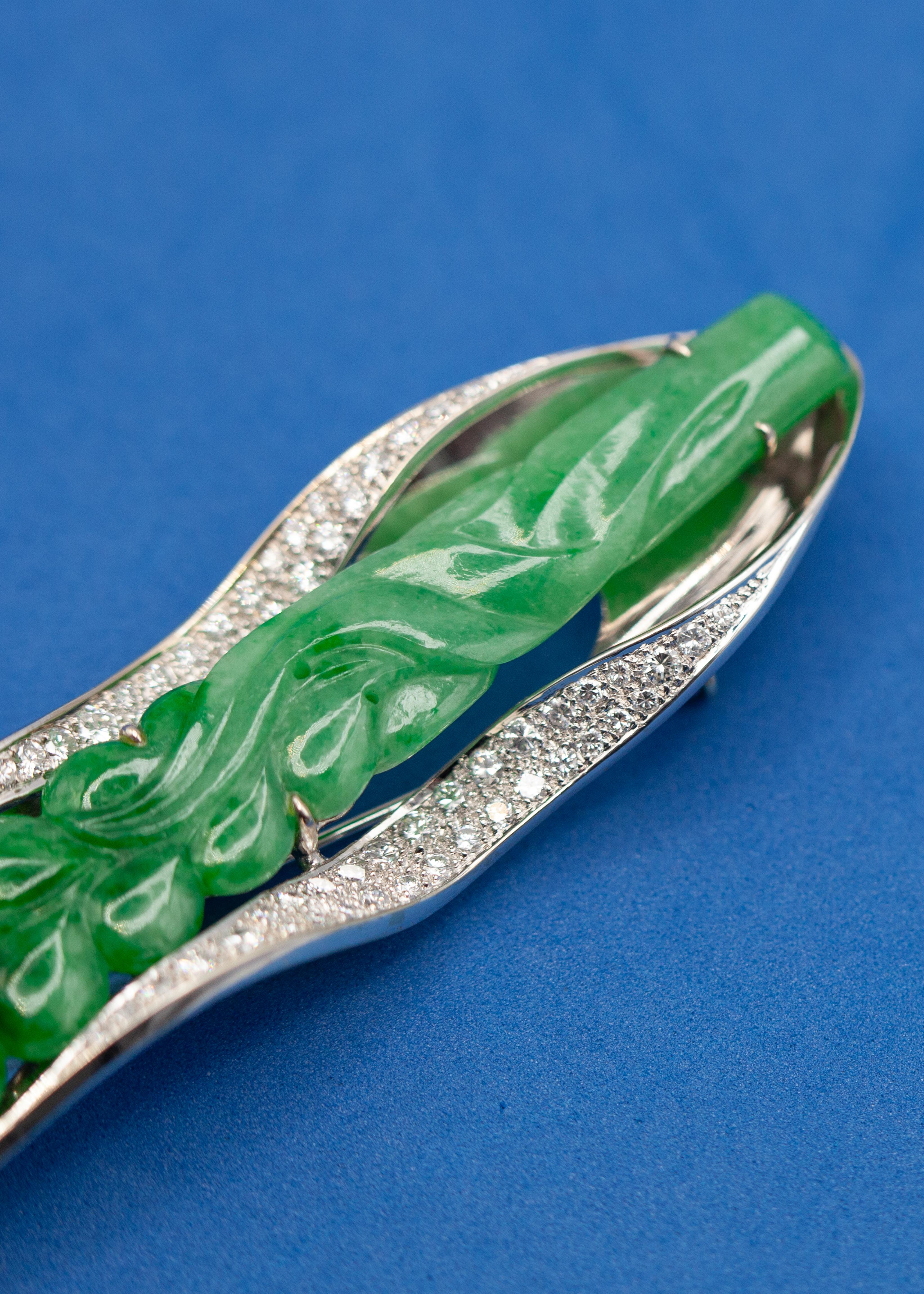 Women's 18K White Gold Diamond Carved Jade Pendant/Brooch Choker Wire Necklace For Sale
